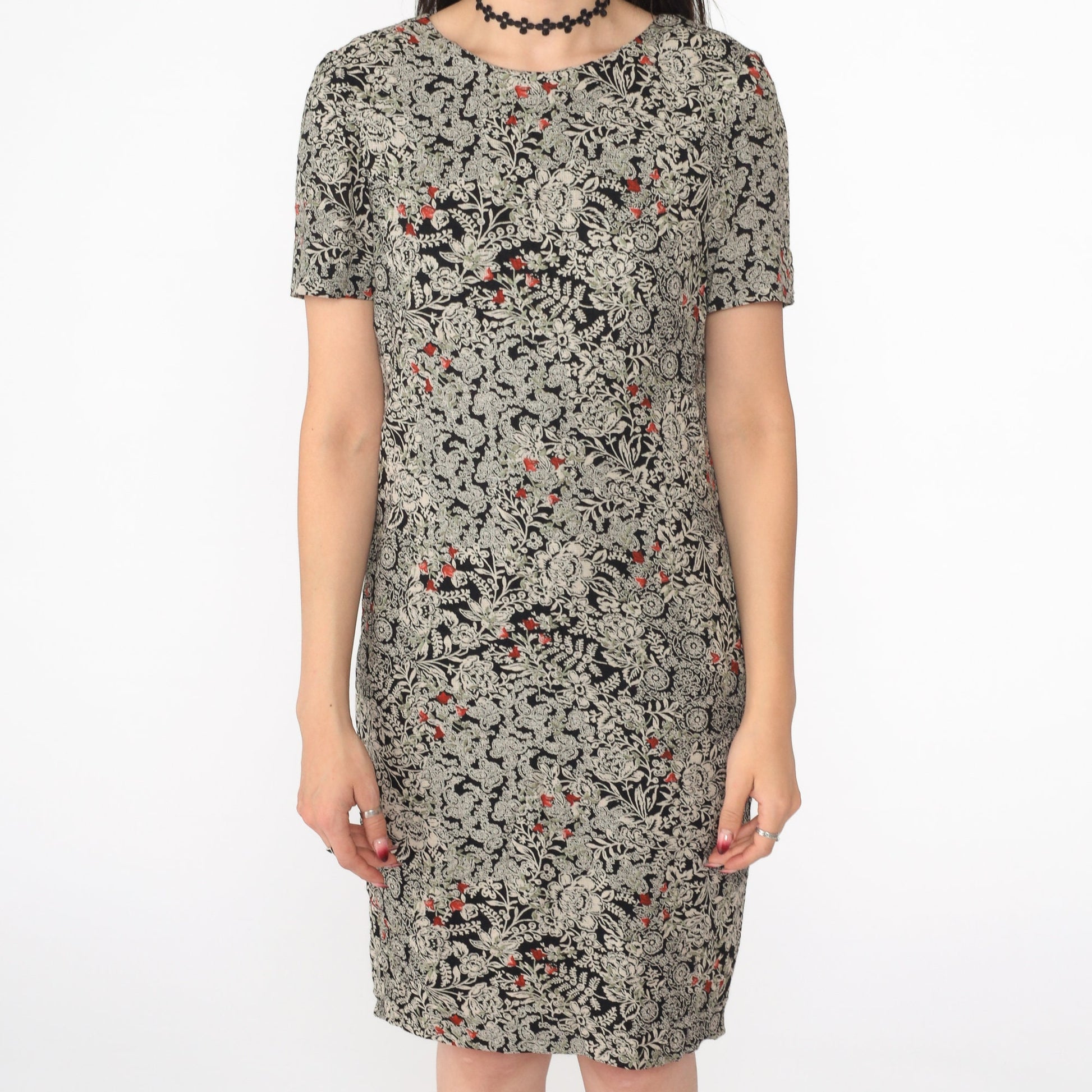 90s Liz Claiborne Floral Mini Dress Black Shift Short Sleeve Extra Small