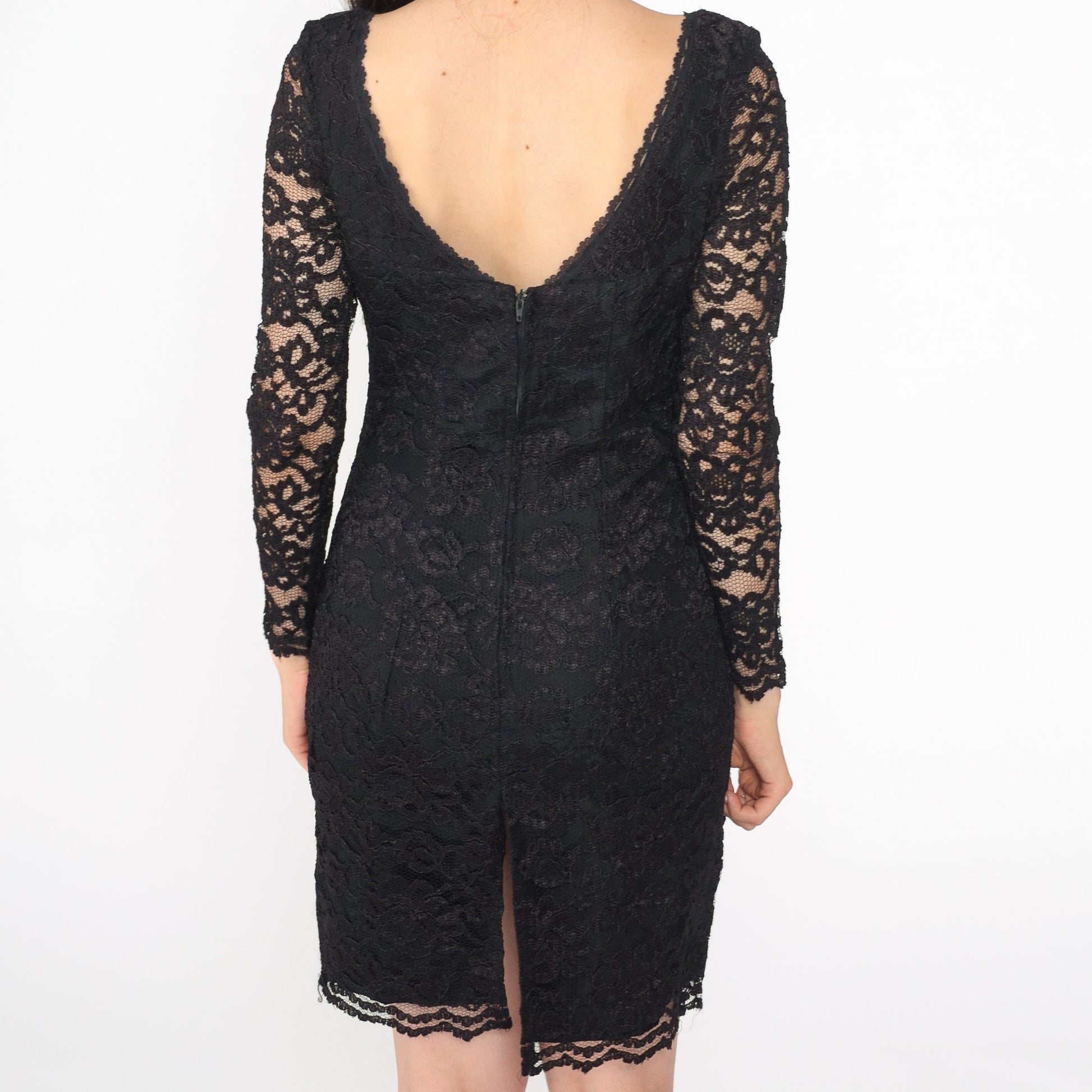 90s Black Lace Mini Dress Long Sleeve Scoop Back Bodycon Small 6