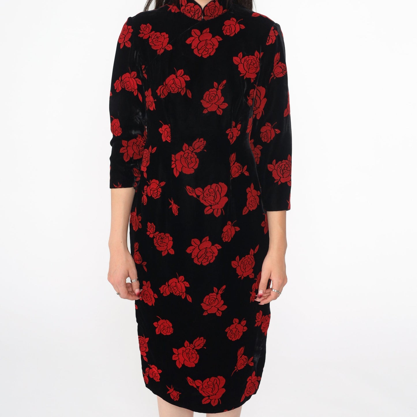 90s Black Velvet Cheongsam Dress Red Rose Floral Mandarin Collar Midi Small