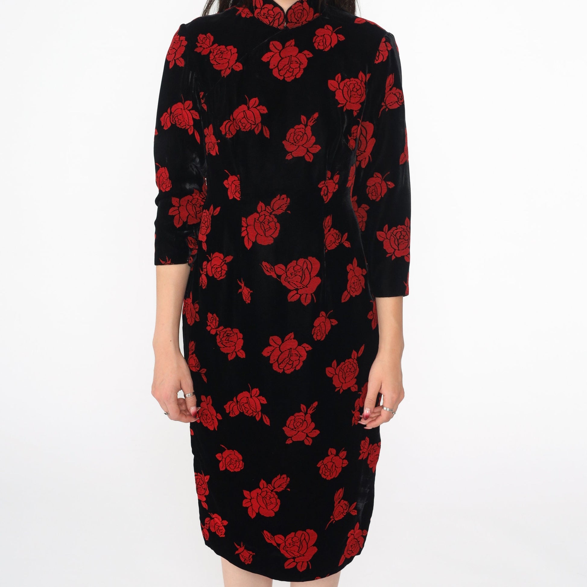 90s Black Velvet Cheongsam Dress Red Rose Floral Mandarin Collar Midi Small