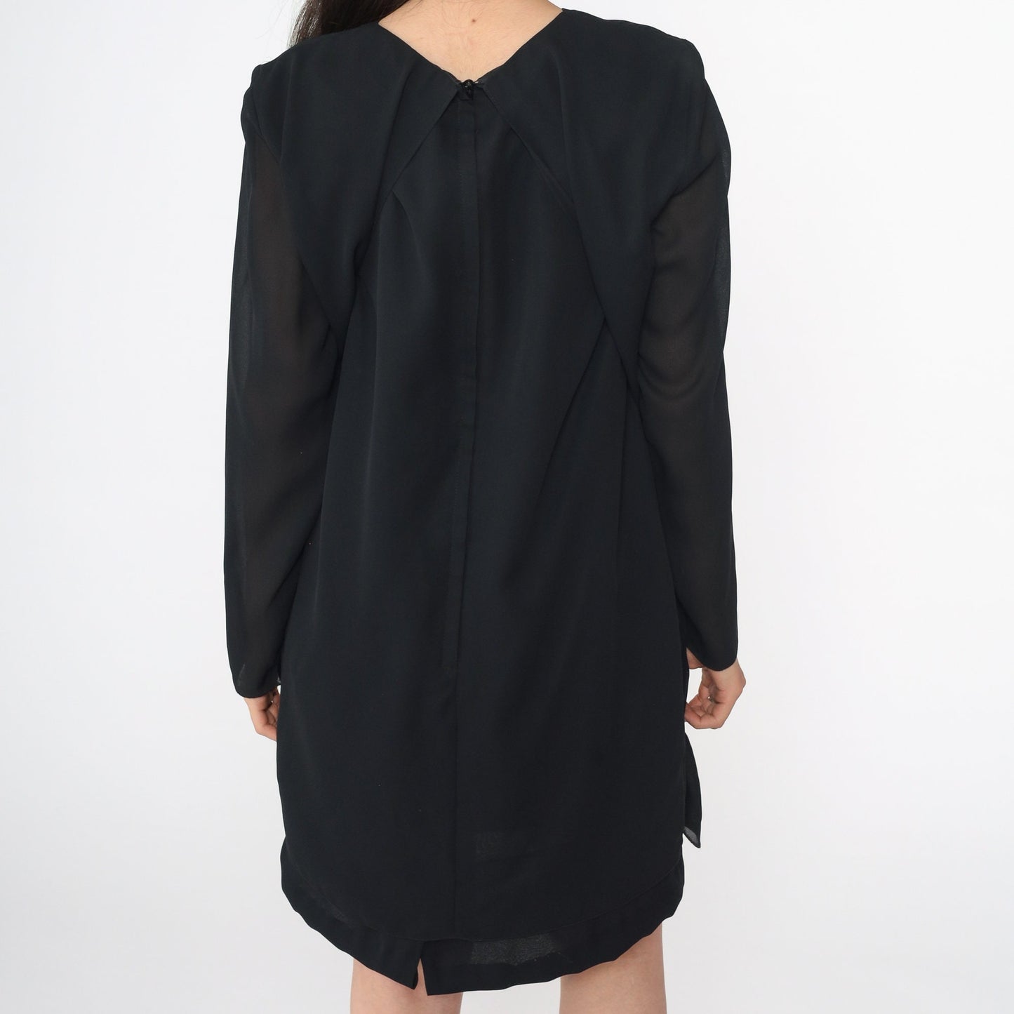 90s Black Chiffon Mini Shift Dress Long Sleeve Pearl Brooch Medium