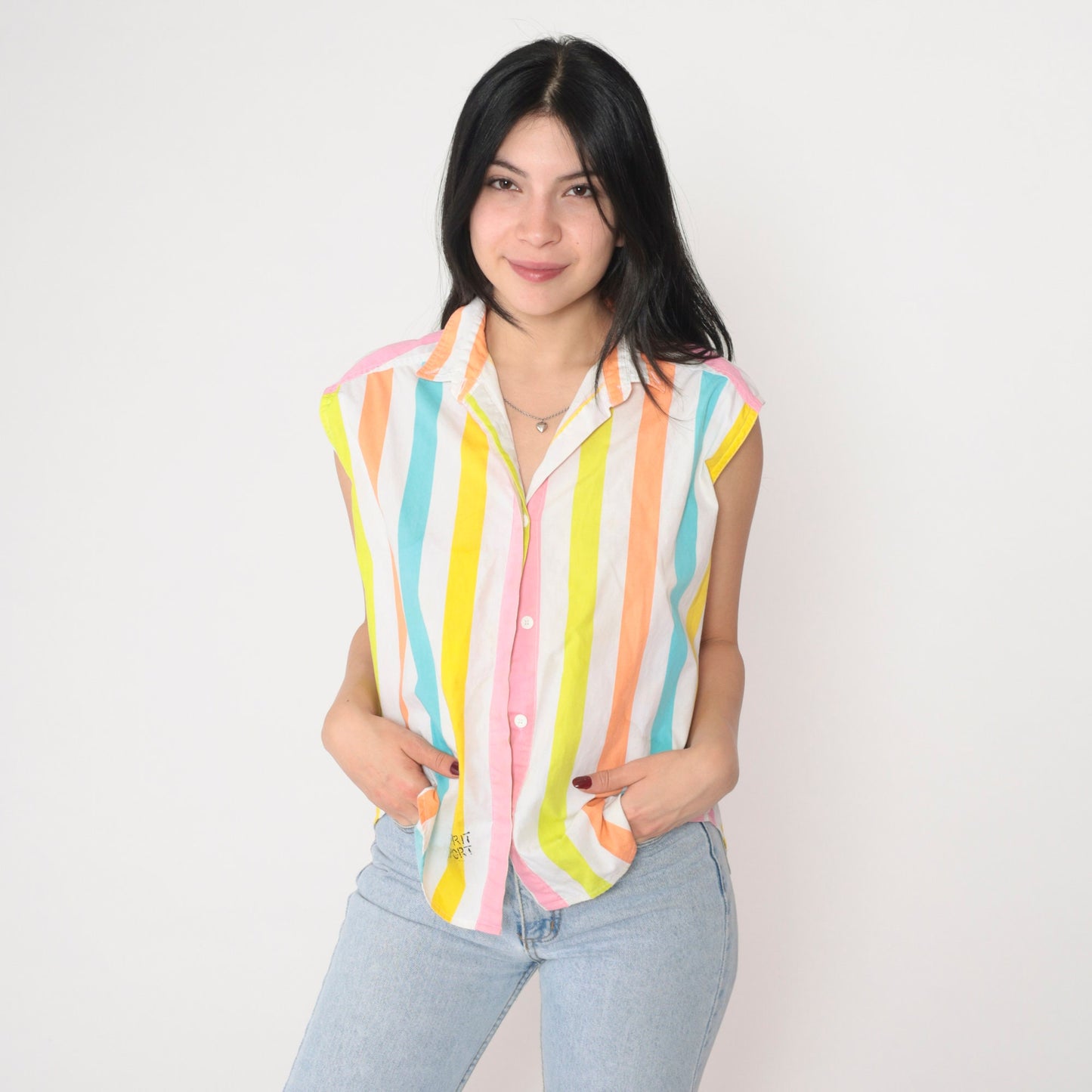 90s Esprit Sport Striped Tank Top Collared Sleeveless Blouse Small S