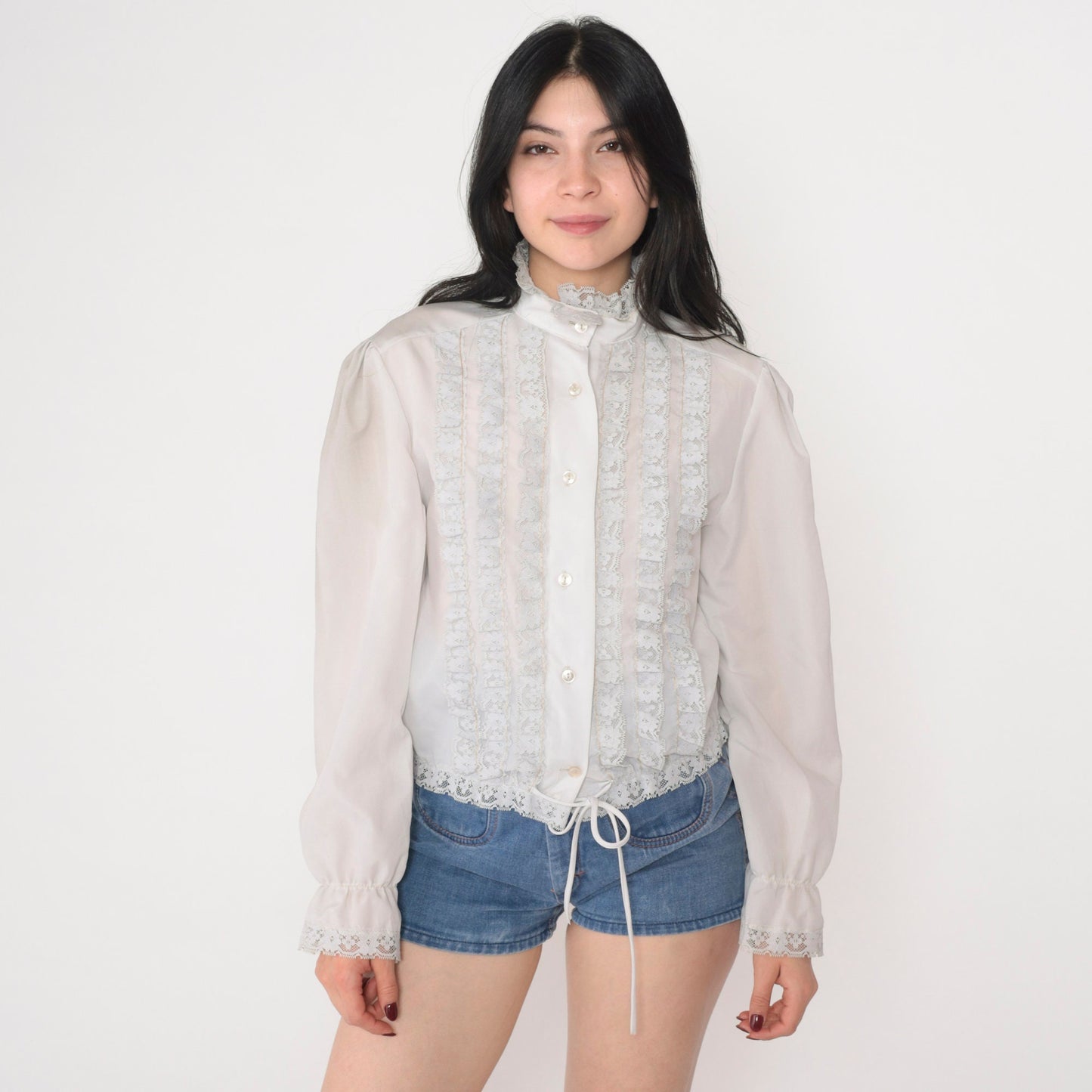 70s Off-White Lace Trim Puff Sleeve Button-Up Blouse High Neck Medium M