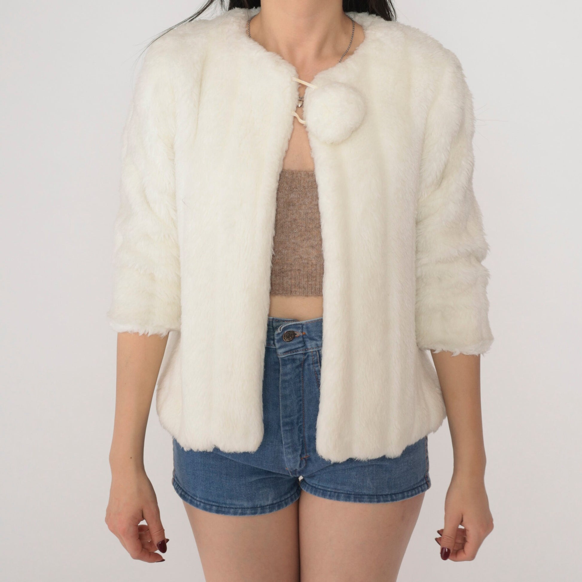 90s Off-White Faux Fur Jacket Open Front Tie Neck Pom Pom Extra Small