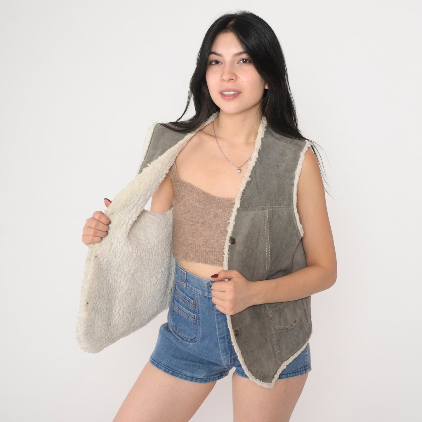 80s Grey Suede Vest Faux Shearling Lined Snap Front Sleeveless Medium