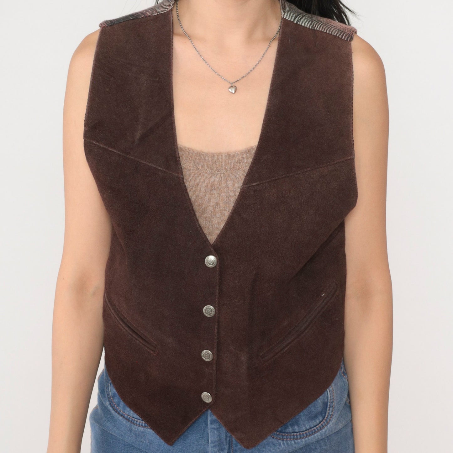 90s Brown Suede Leather Vest Plaid Back Snap Front Medium M