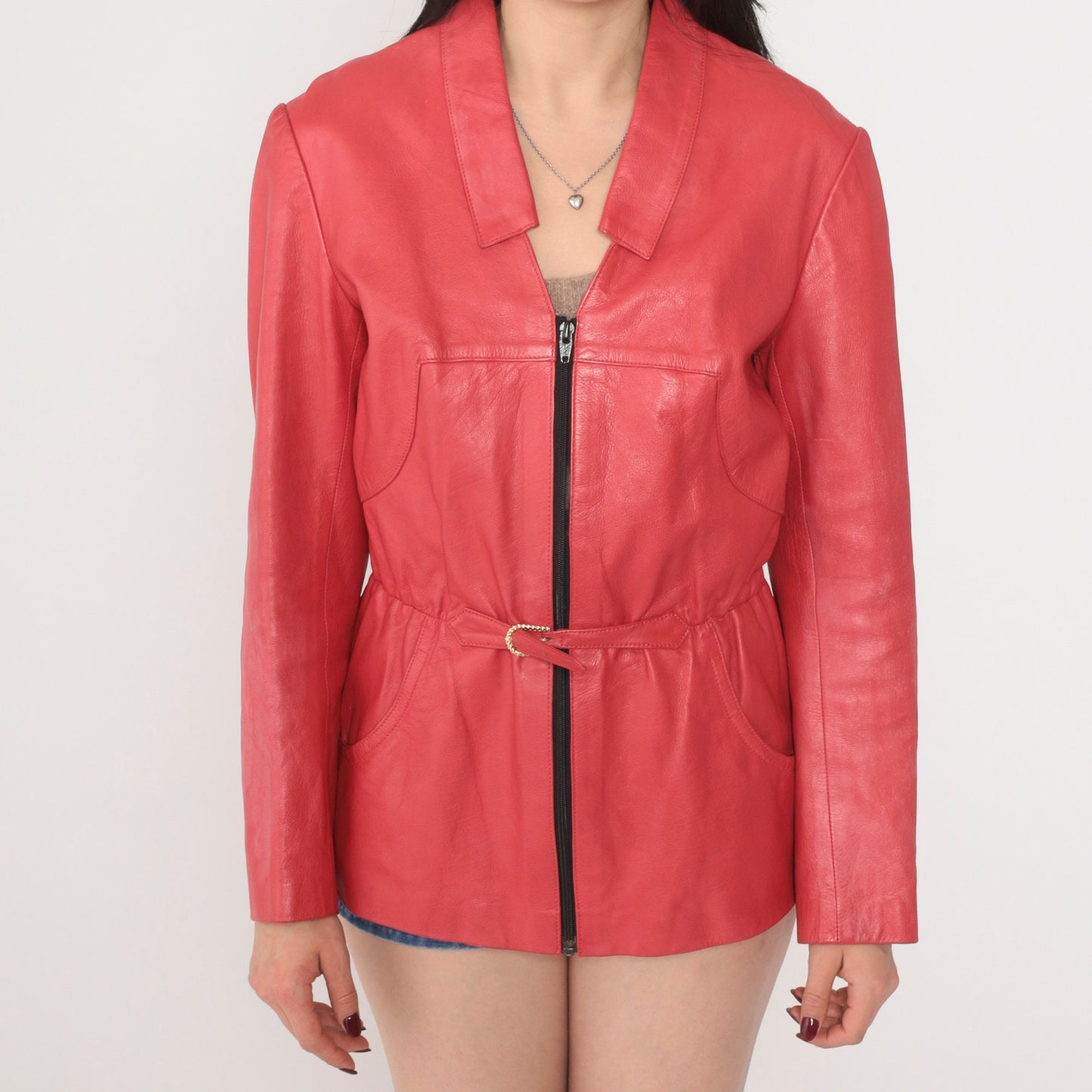 80s Dark Pink Leather Moto Jacket Rhinestone Belt Zip Small
