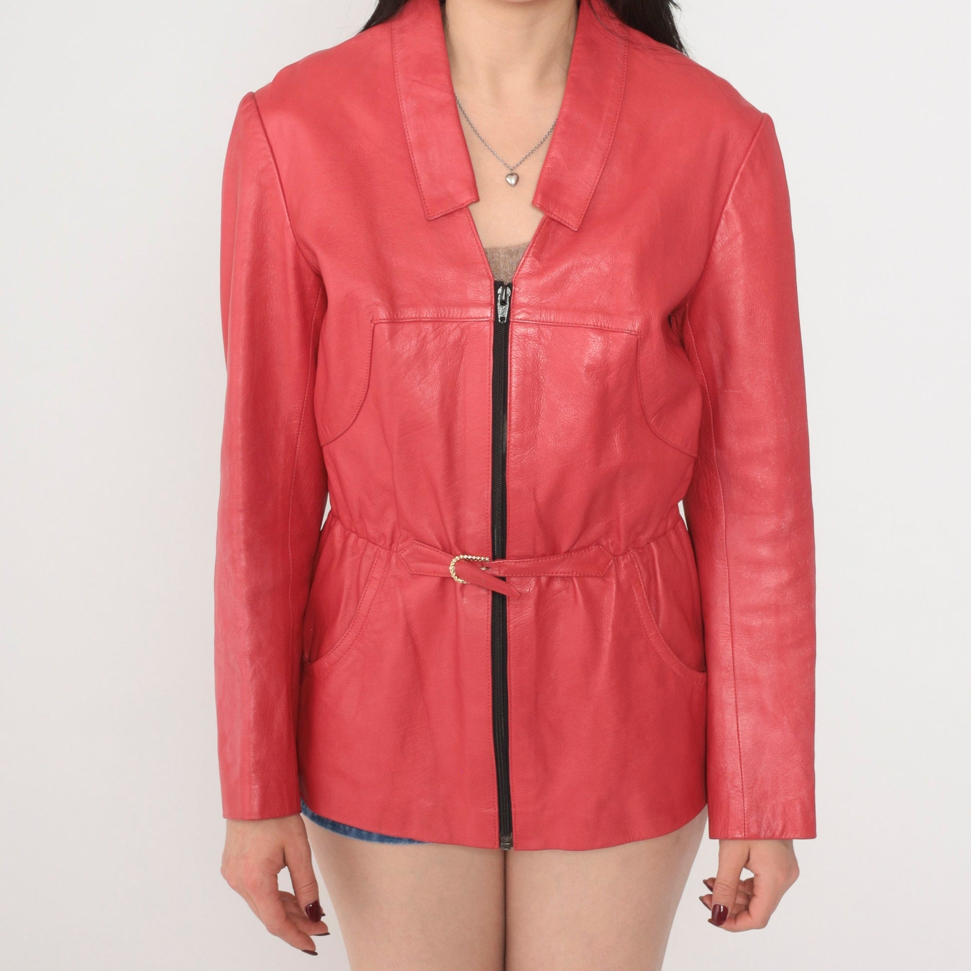 80s Dark Pink Leather Moto Jacket Rhinestone Belt Zip Small