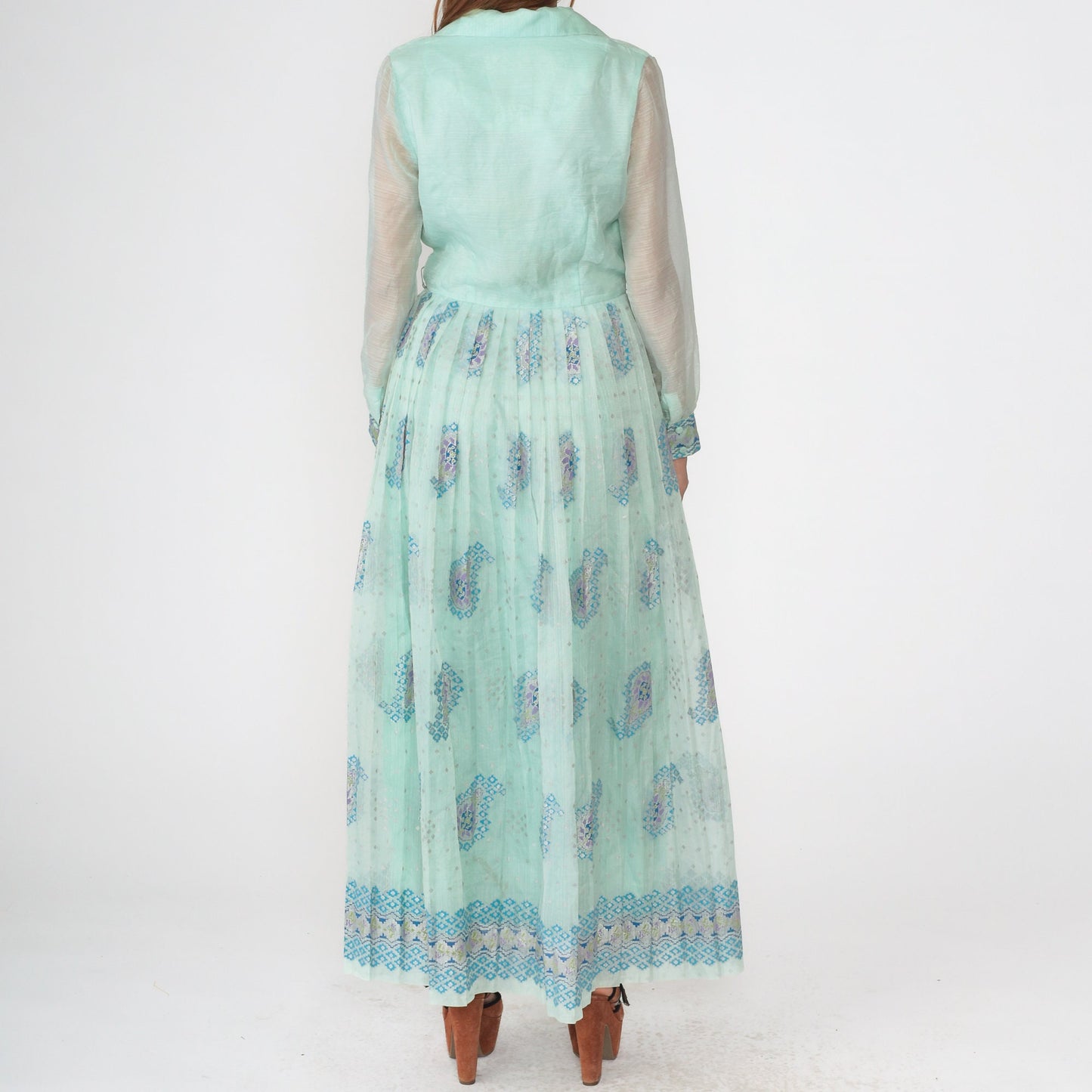 70s Alfred Shaheen Mint Paisley Maxi Dress V-Neck Sheer Sleeve Medium