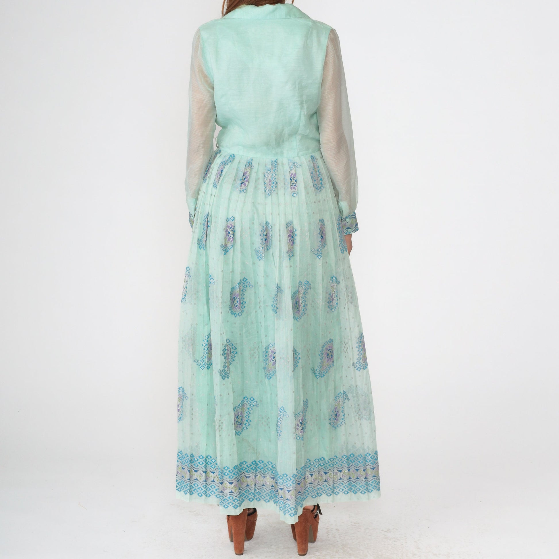 70s Alfred Shaheen Mint Paisley Maxi Dress V-Neck Sheer Sleeve Medium