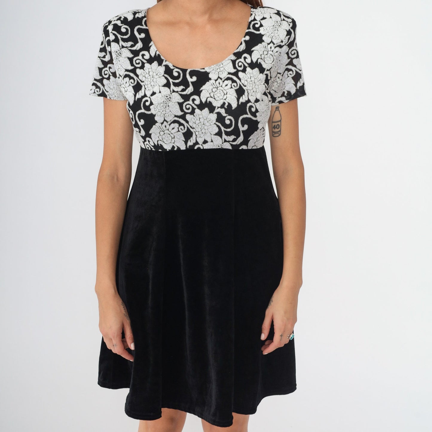 90s Molly Malloy Floral Velvet Mini Dress Black White Empire Waist Small Medium