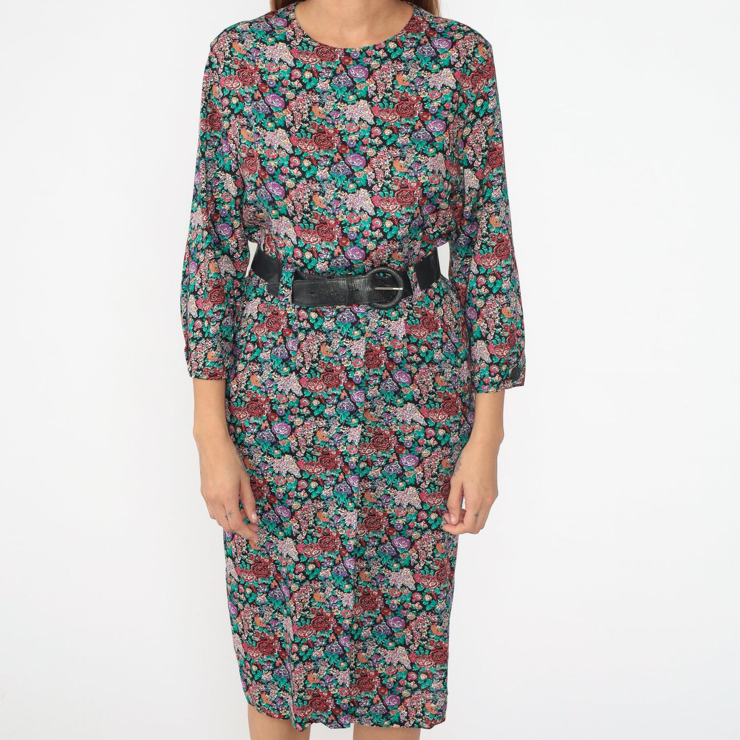 80s Katie Petites Floral Midi Dress Long Sleeve Button Back Black Belt Small