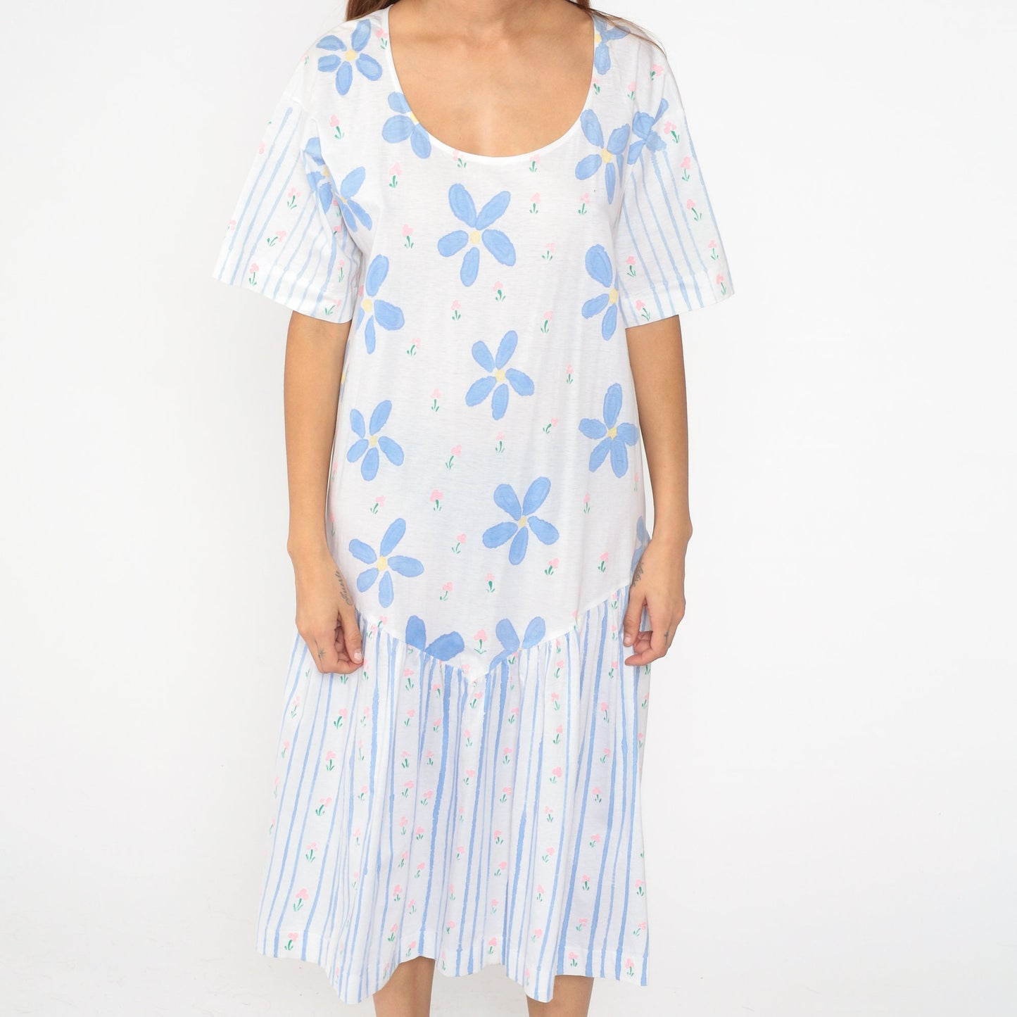 90s Periwinkle Floral Striped Midi Dress Shift Waist Short Sleeve Medium Large