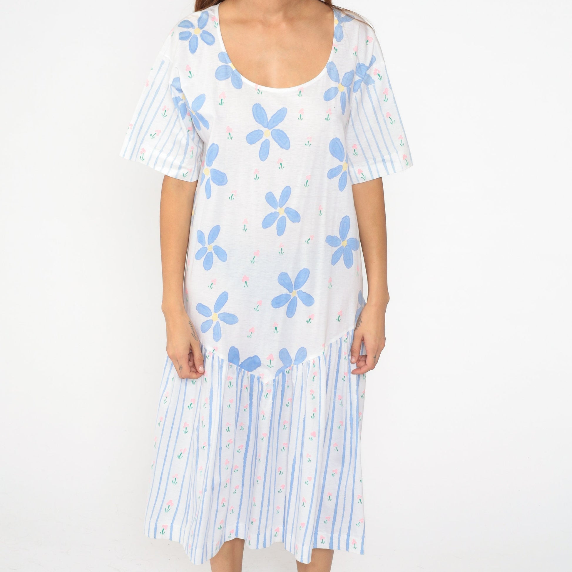 90s Periwinkle Floral Striped Midi Dress Shift Waist Short Sleeve Medium Large