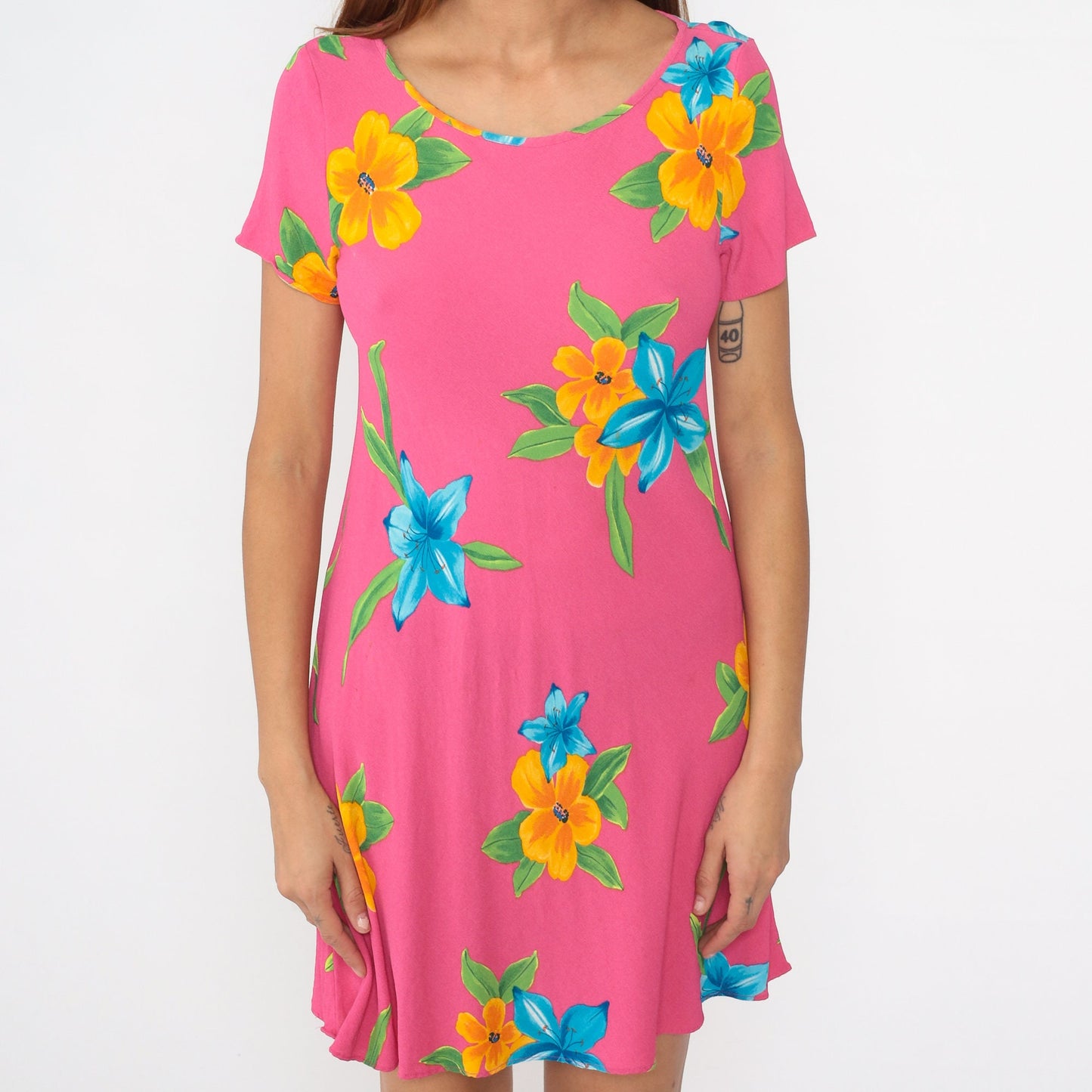 90s Casual Corner Floral Mini Dress Pink Tropical Flower Print Small S