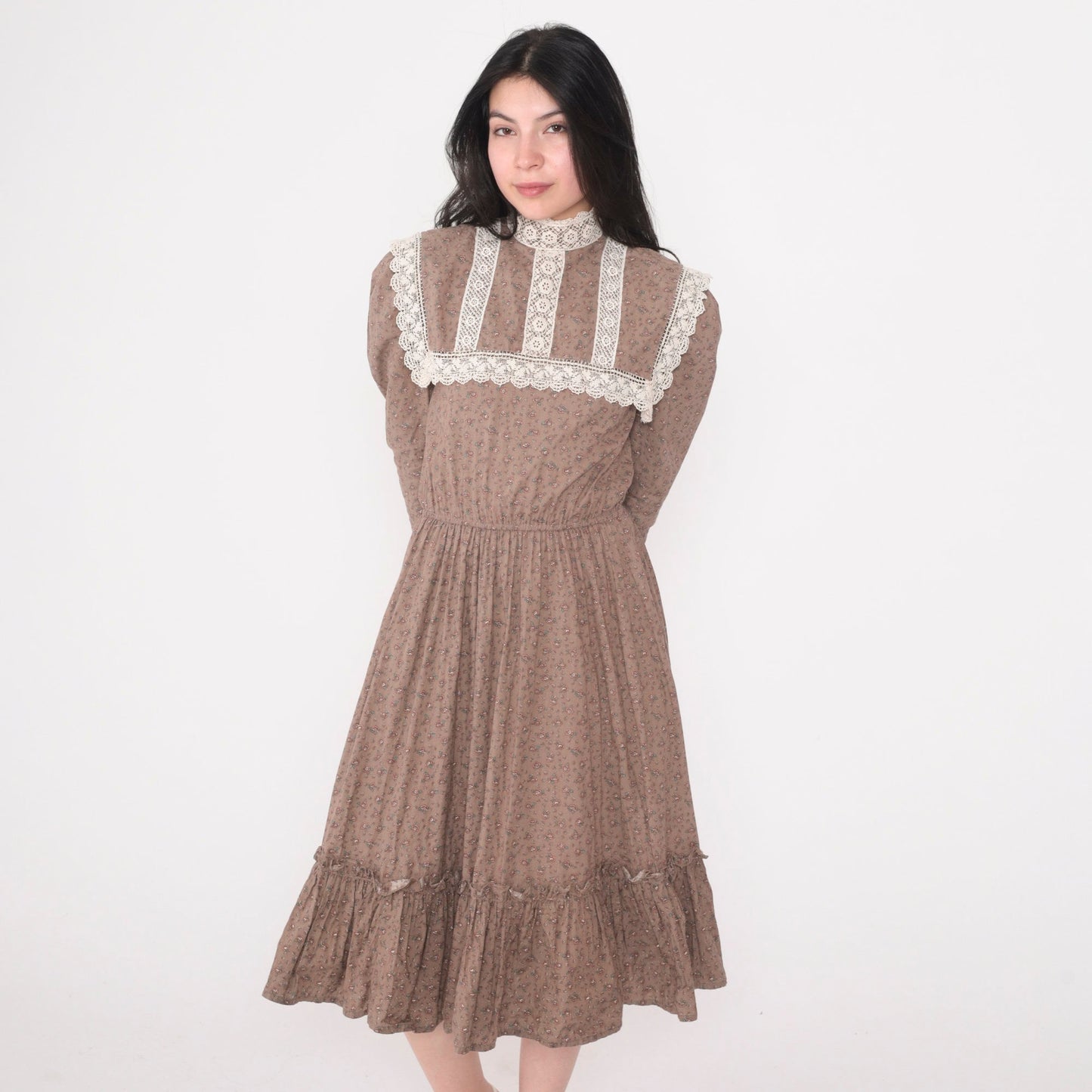 70s Jessica McClintock Floral Prairie Midi Dress Cocoa Brown Lace Bib Extra Small