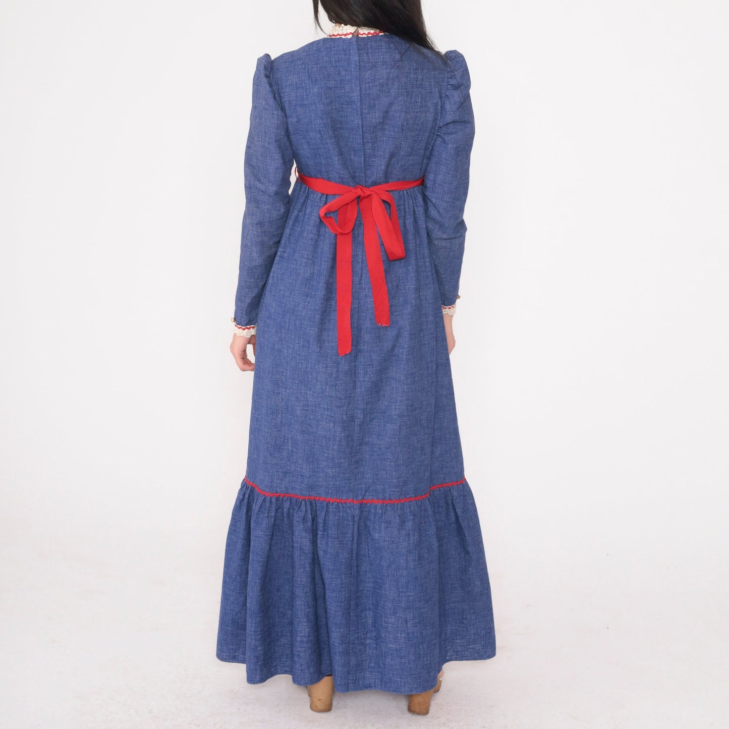 70s Prairie Maxi Dress Blue Red Lace Trim Puff Sleeve Empire Waist Extra Small