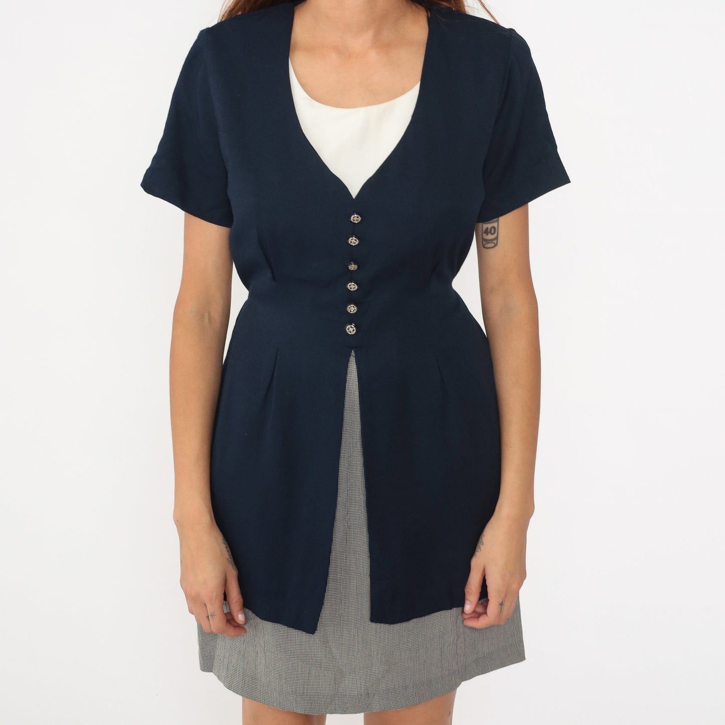90s Navy Checkered Mini Dress with Attached Jacket Short Sleeve Medium