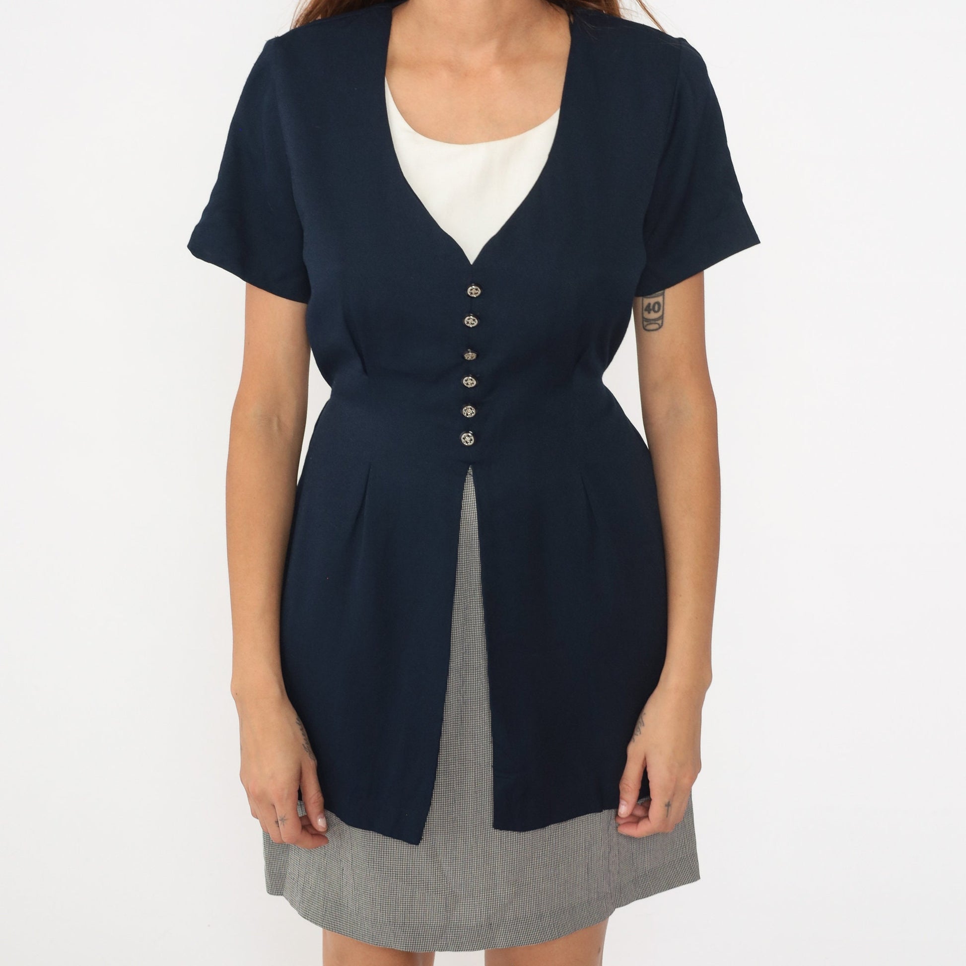90s Navy Checkered Mini Dress with Attached Jacket Short Sleeve Medium
