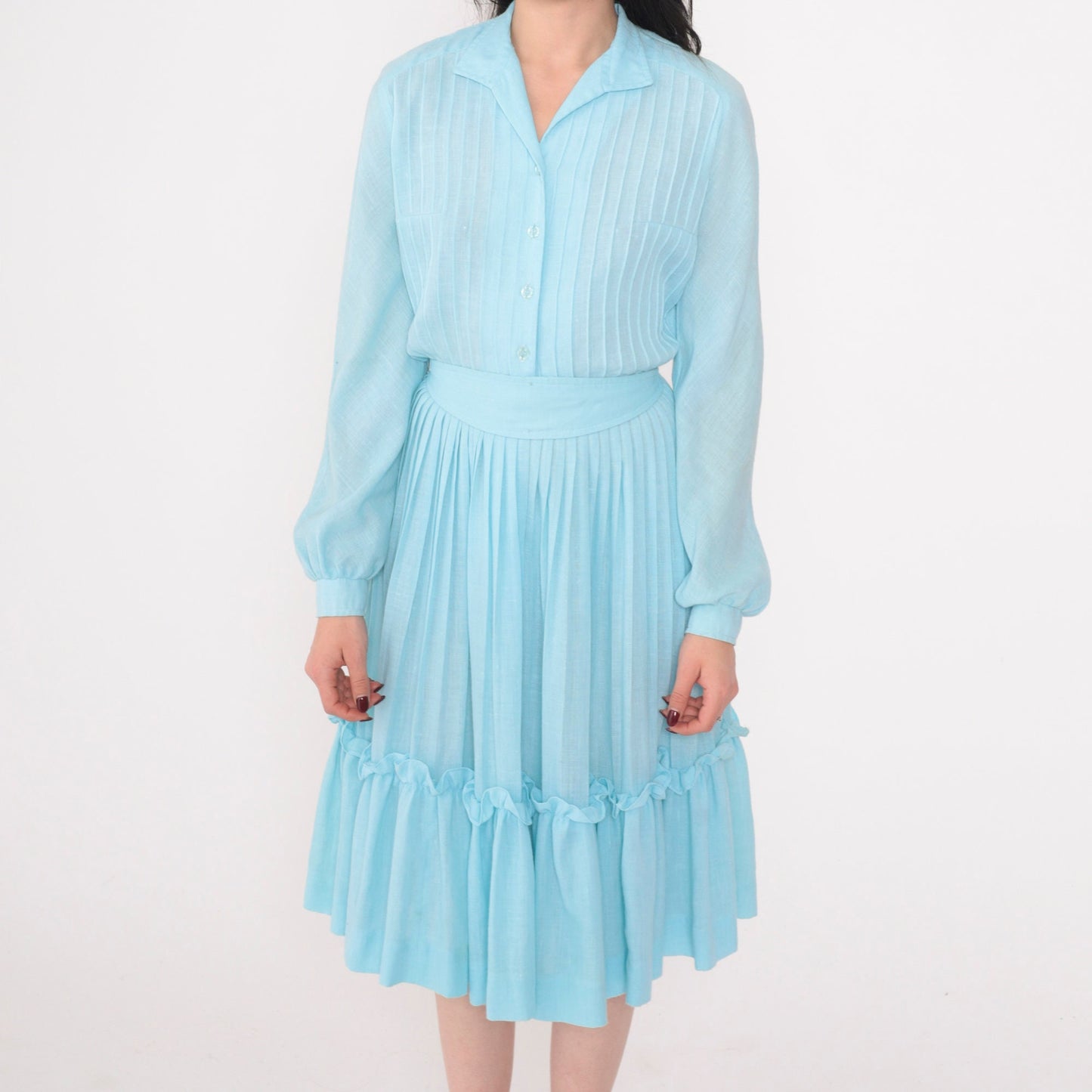 80s Neiman Marcus Blue Shirtwaist Midi Dress Puff Sleeve High Waist Small