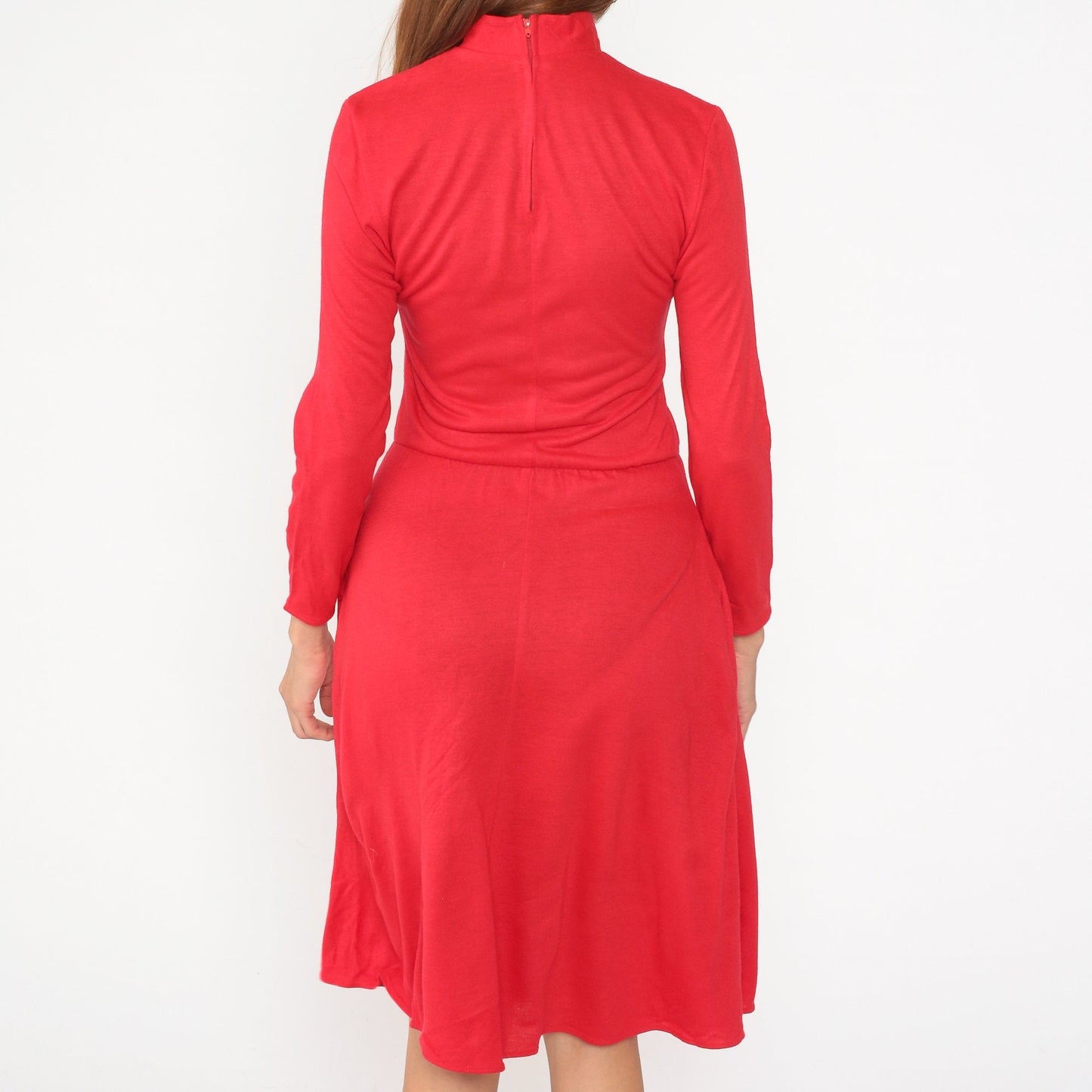 80s Red Acrylic Mock Neck Midi Dress Long Sleeve Pockets Small