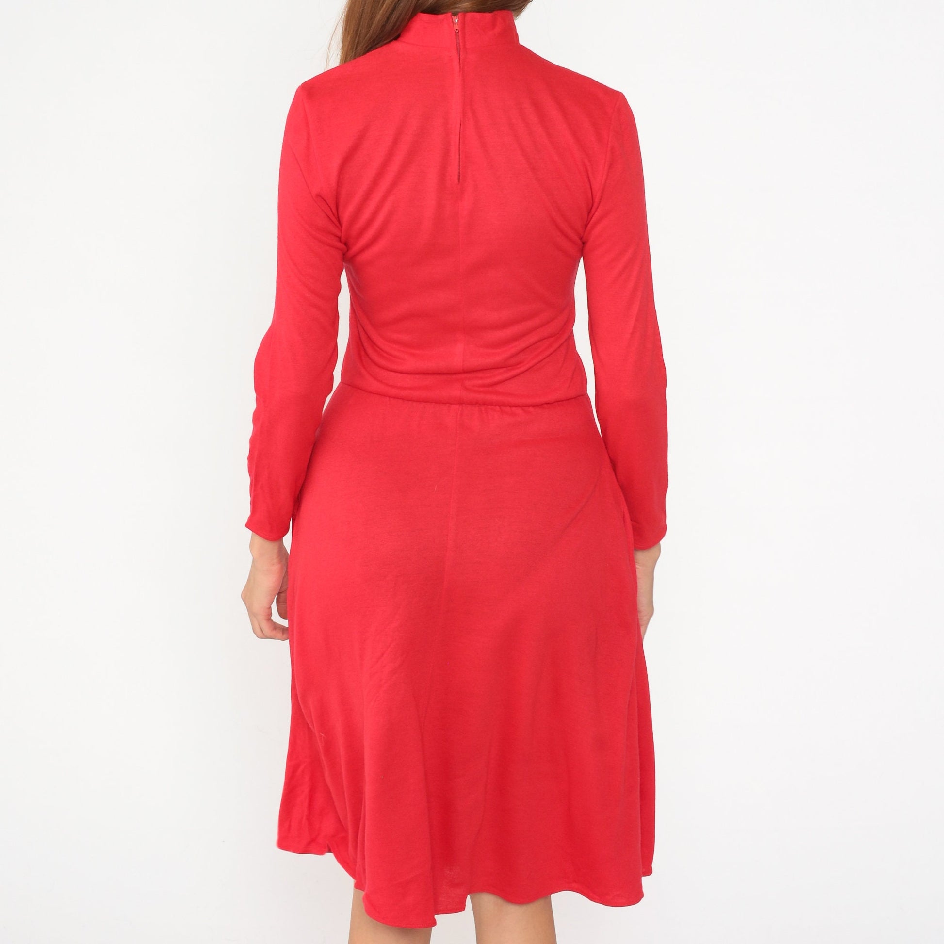 80s Red Acrylic Mock Neck Midi Dress Long Sleeve Pockets Small