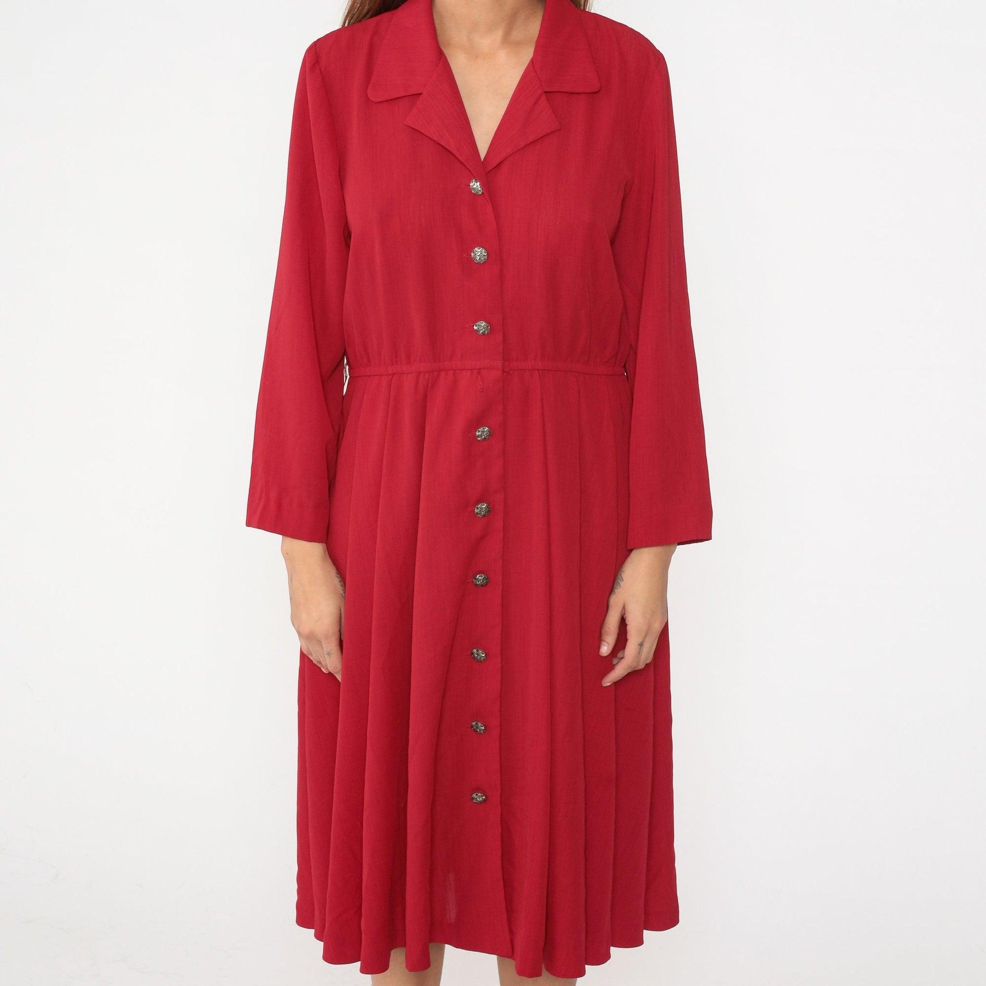 90s Leslie Fay Red Button-Up Midi Dress Elastic Waist Petite Medium