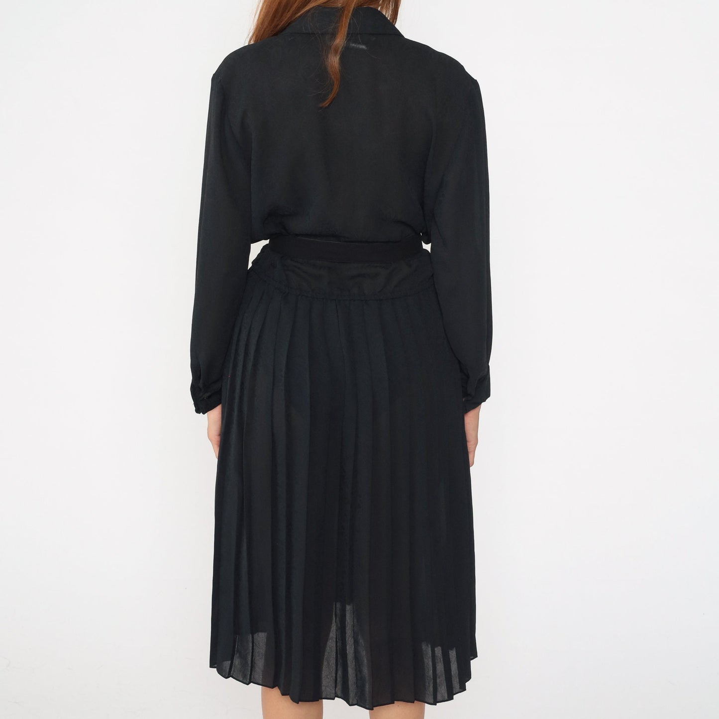 90s Black Wrap Midi Dress Surplice V-Neck High Waist Long Sleeve Medium 8