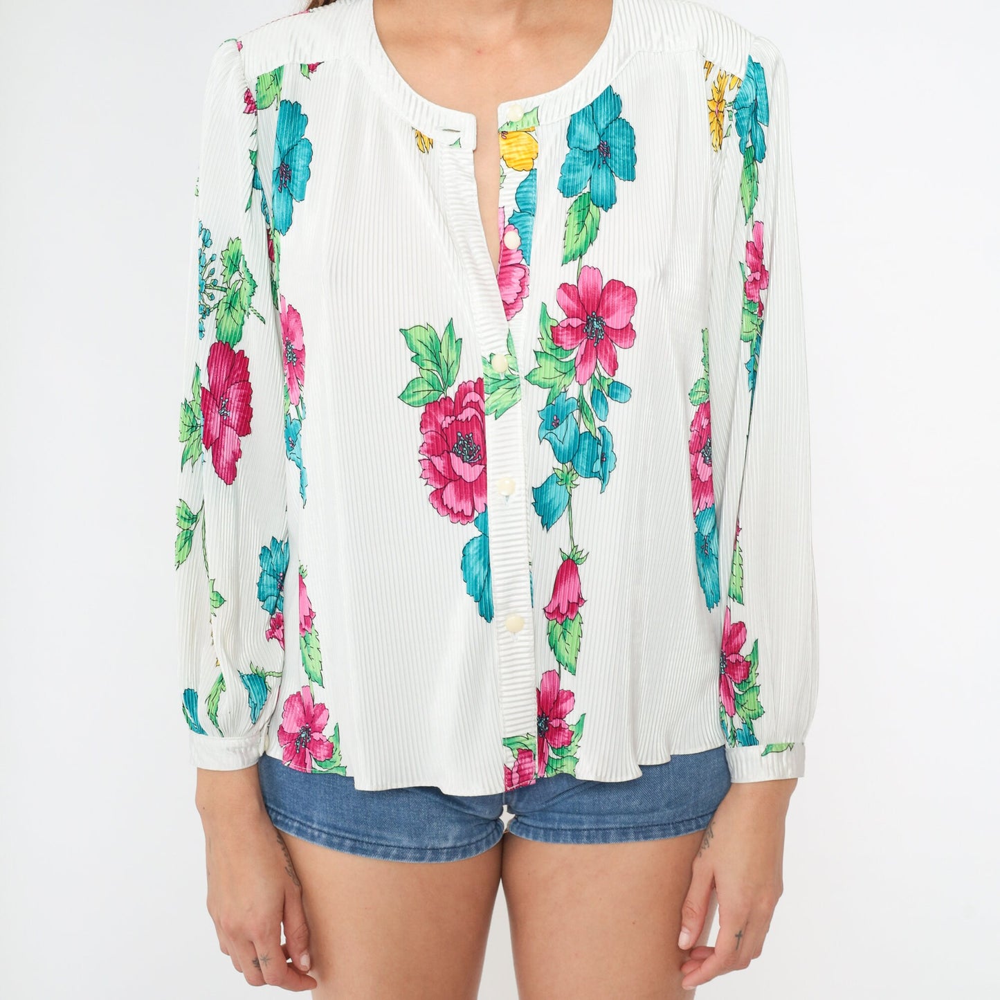 80s White Floral Button-Up Blouse Knife Pleated Puff Sleeve Large L