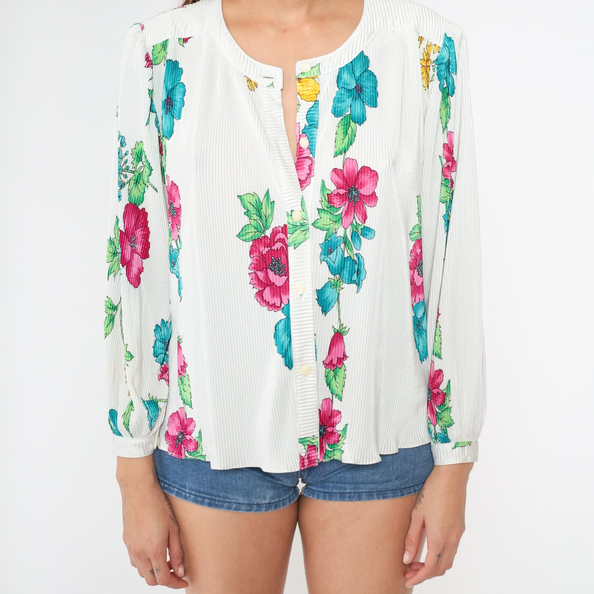 80s White Floral Button-Up Blouse Knife Pleated Puff Sleeve Large L