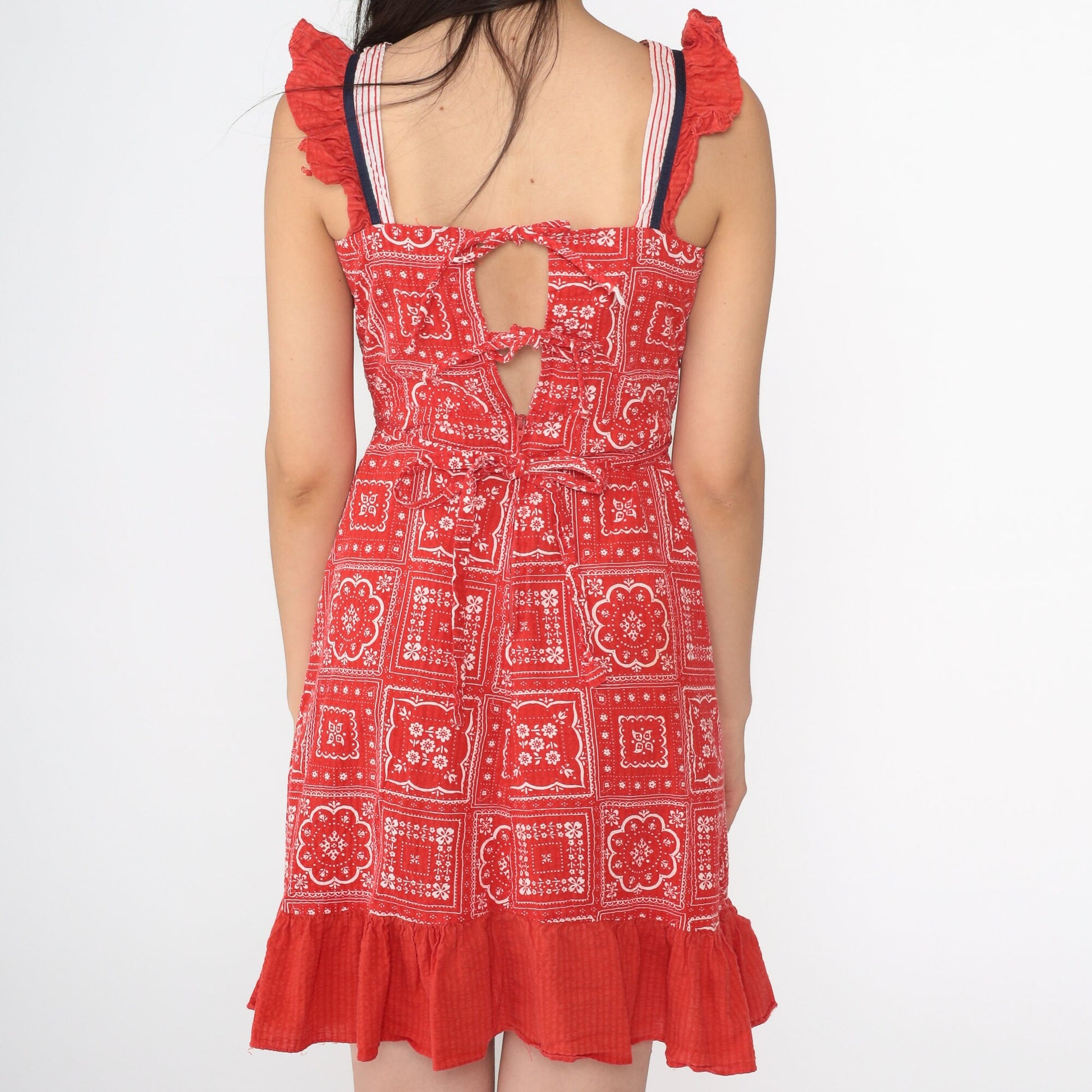 70s Red Bandana Print Mini Sundress Chevron Bib Tie-Back Sleeveless 2XS