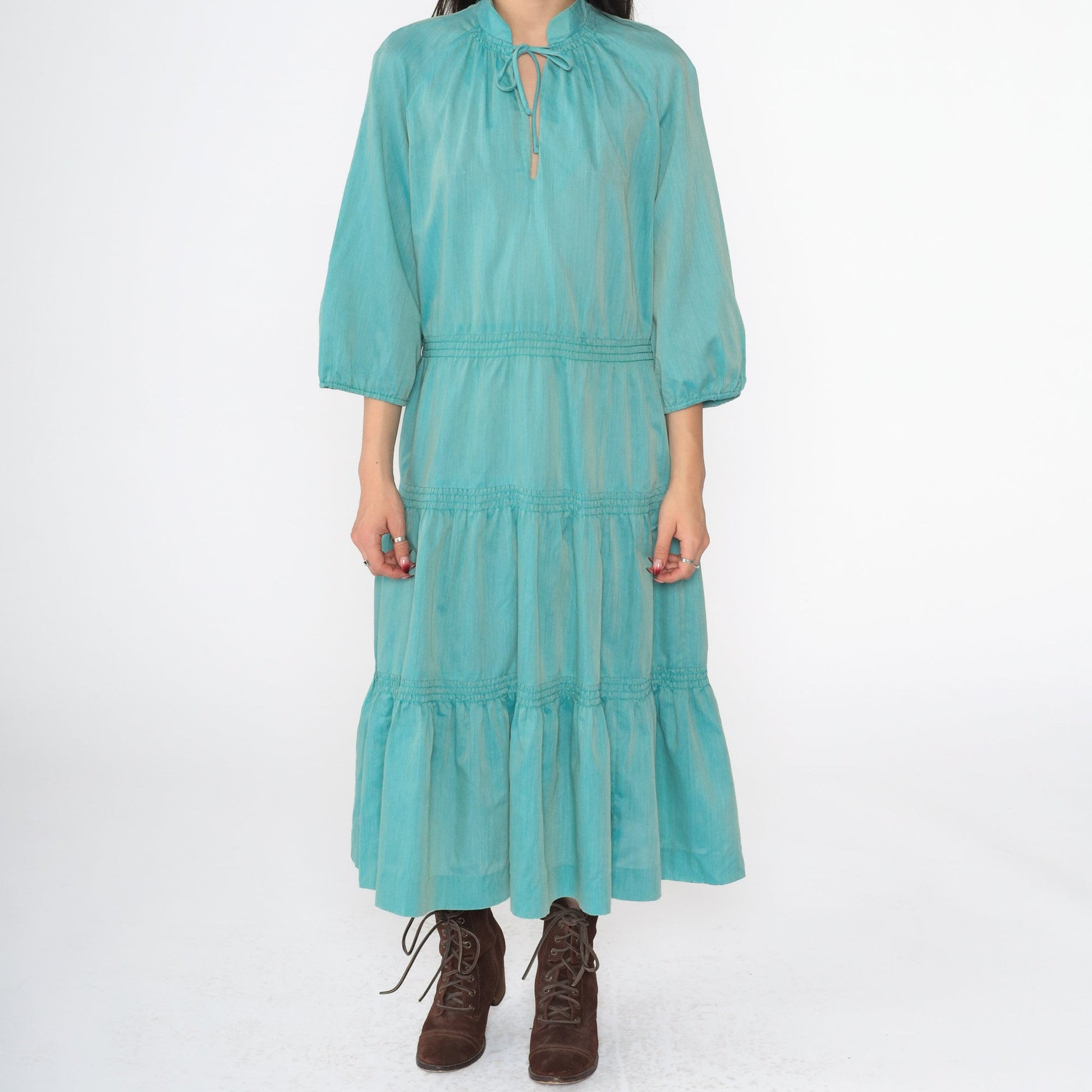 60s Peasant Midi Dress Aqua Blue Keyhole Mandarin Collar Tiered Raglan Medium Large
