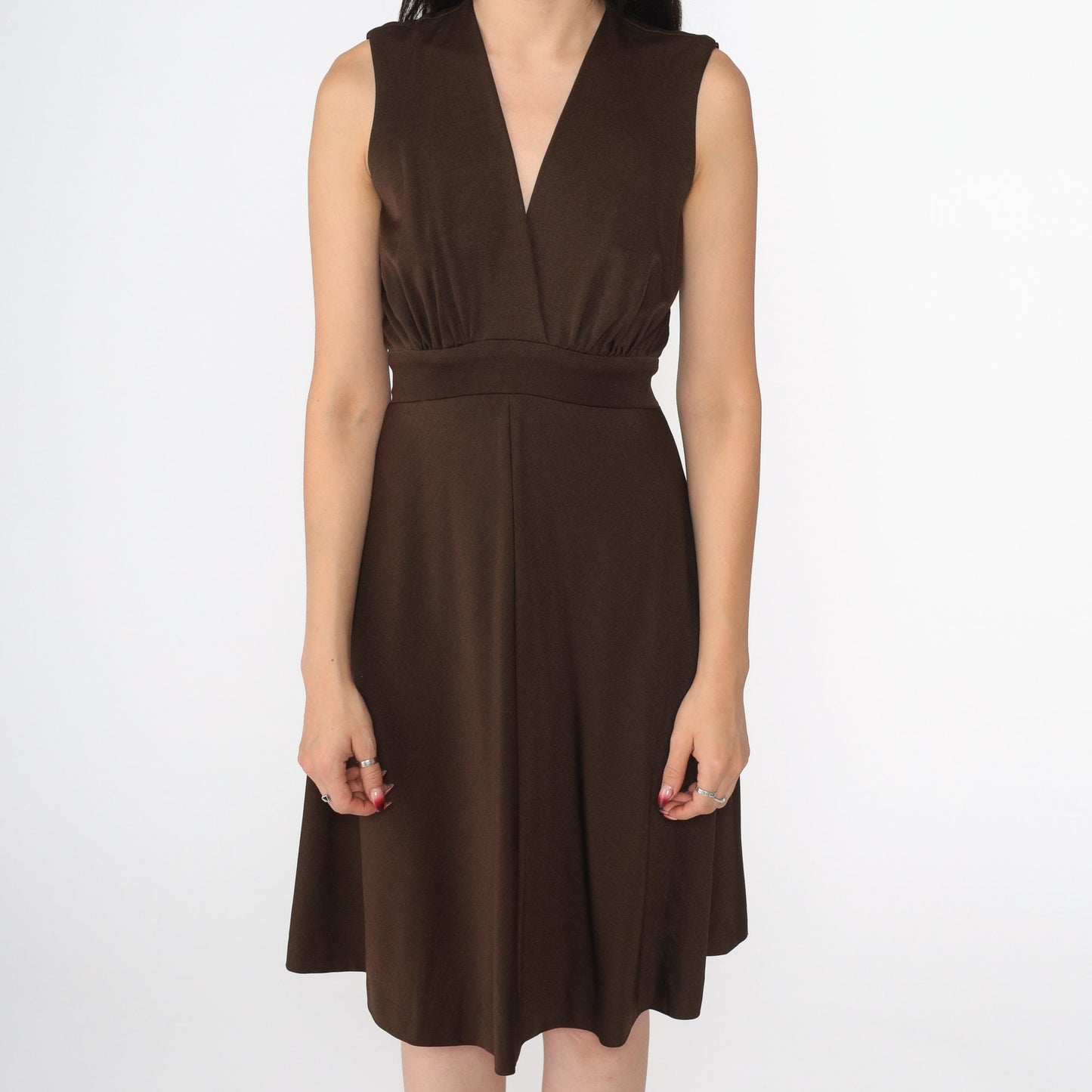 70s Miss Elliette Wrap Dress Brown Surplice Midi Sleeveless Small