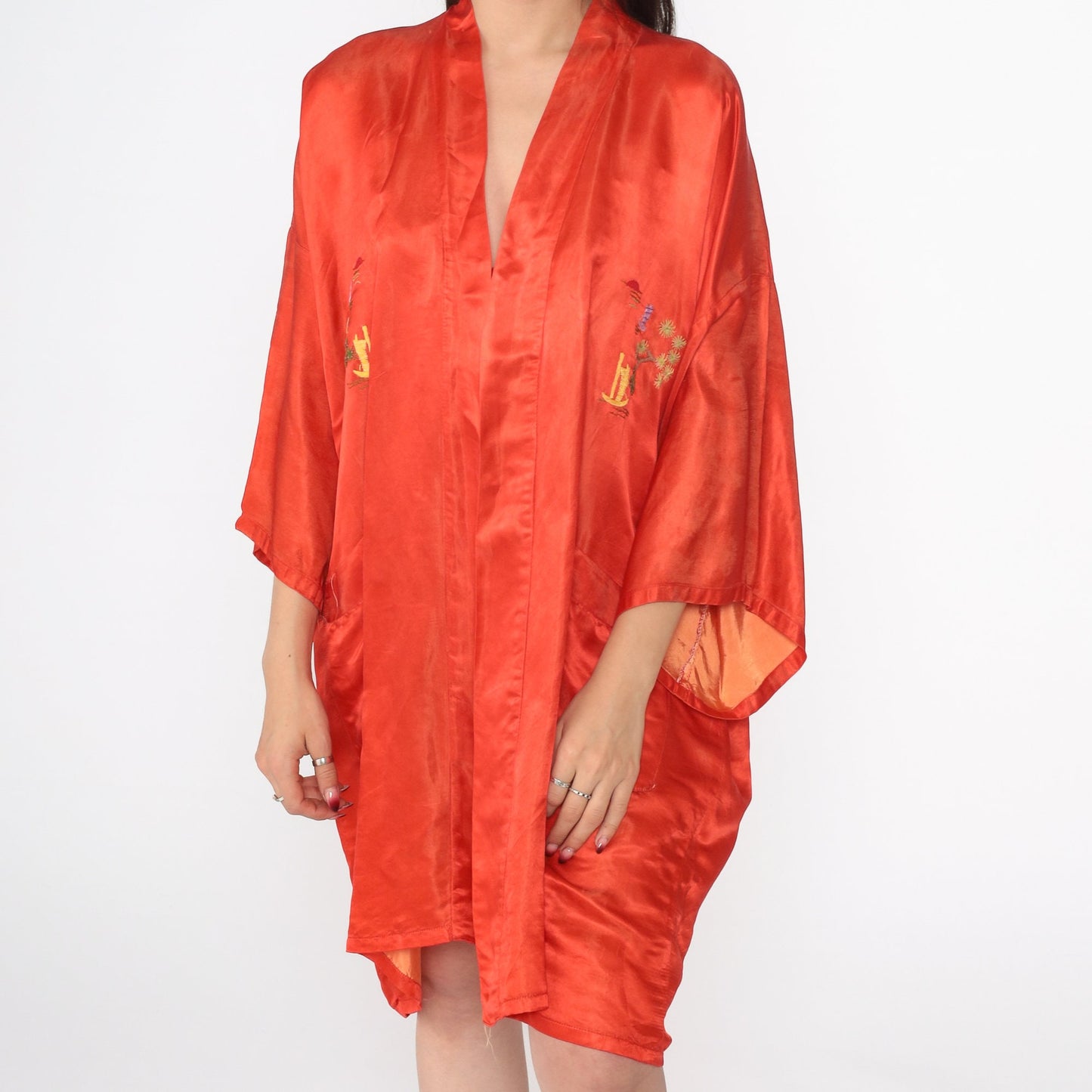 80s Red Silk Kimono Robe Embroidered Pagoda Trees Open Front Small