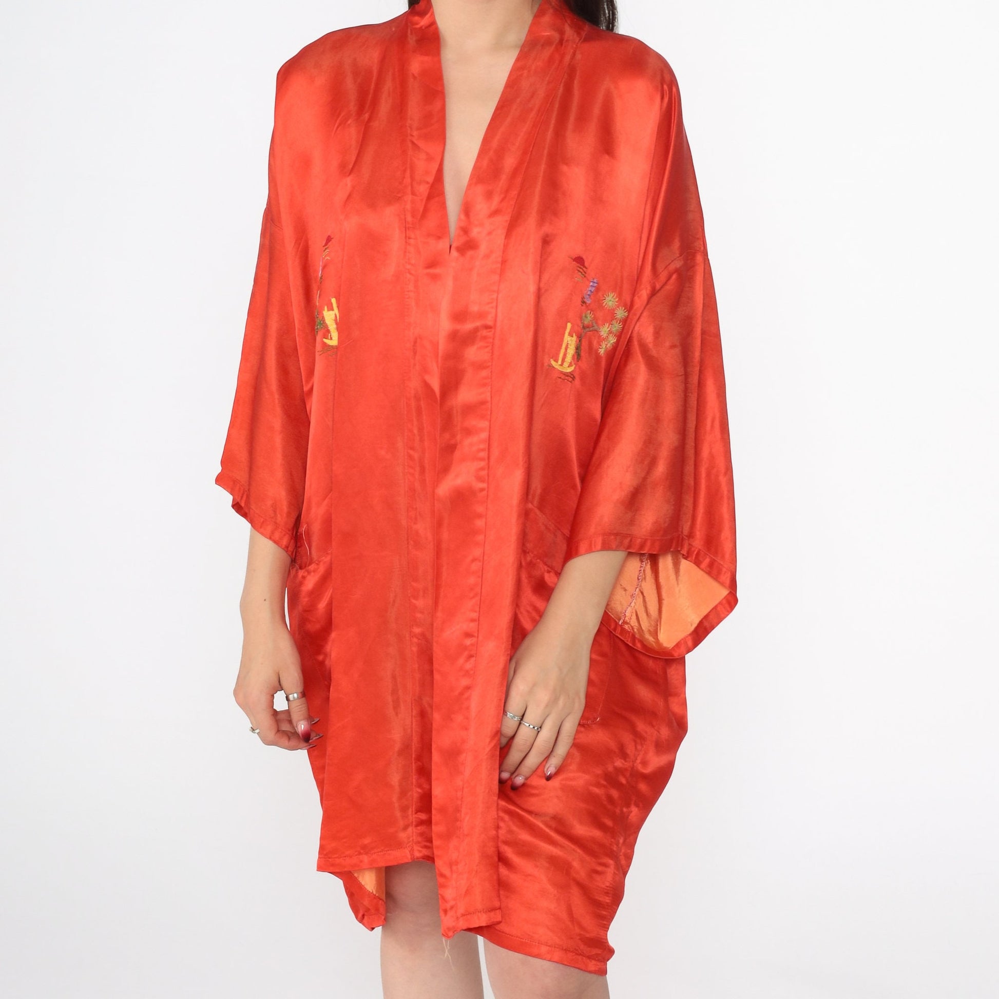 80s Red Silk Kimono Robe Embroidered Pagoda Trees Open Front Small
