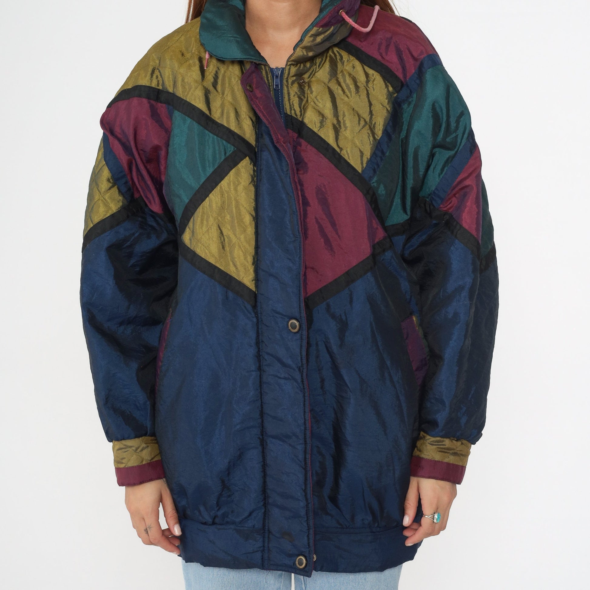 90s Dani Colby Puffer Jacket Navy Colour Block Ski Coat Large
