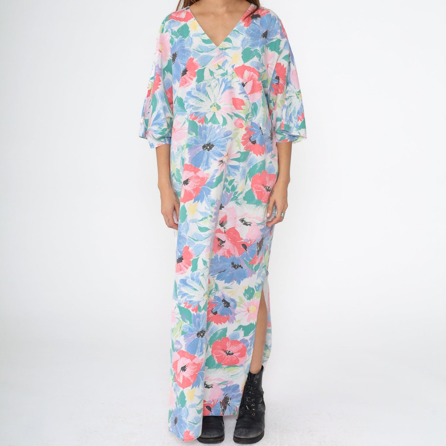 80s Floral Maxi Dress White Watercolor Surplice V-Neck 3/4 Sleeve Medium