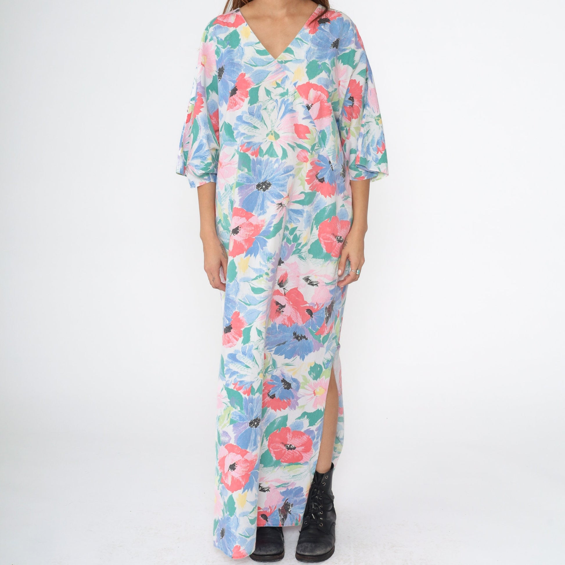 80s Floral Maxi Dress White Watercolor Surplice V-Neck 3/4 Sleeve Medium
