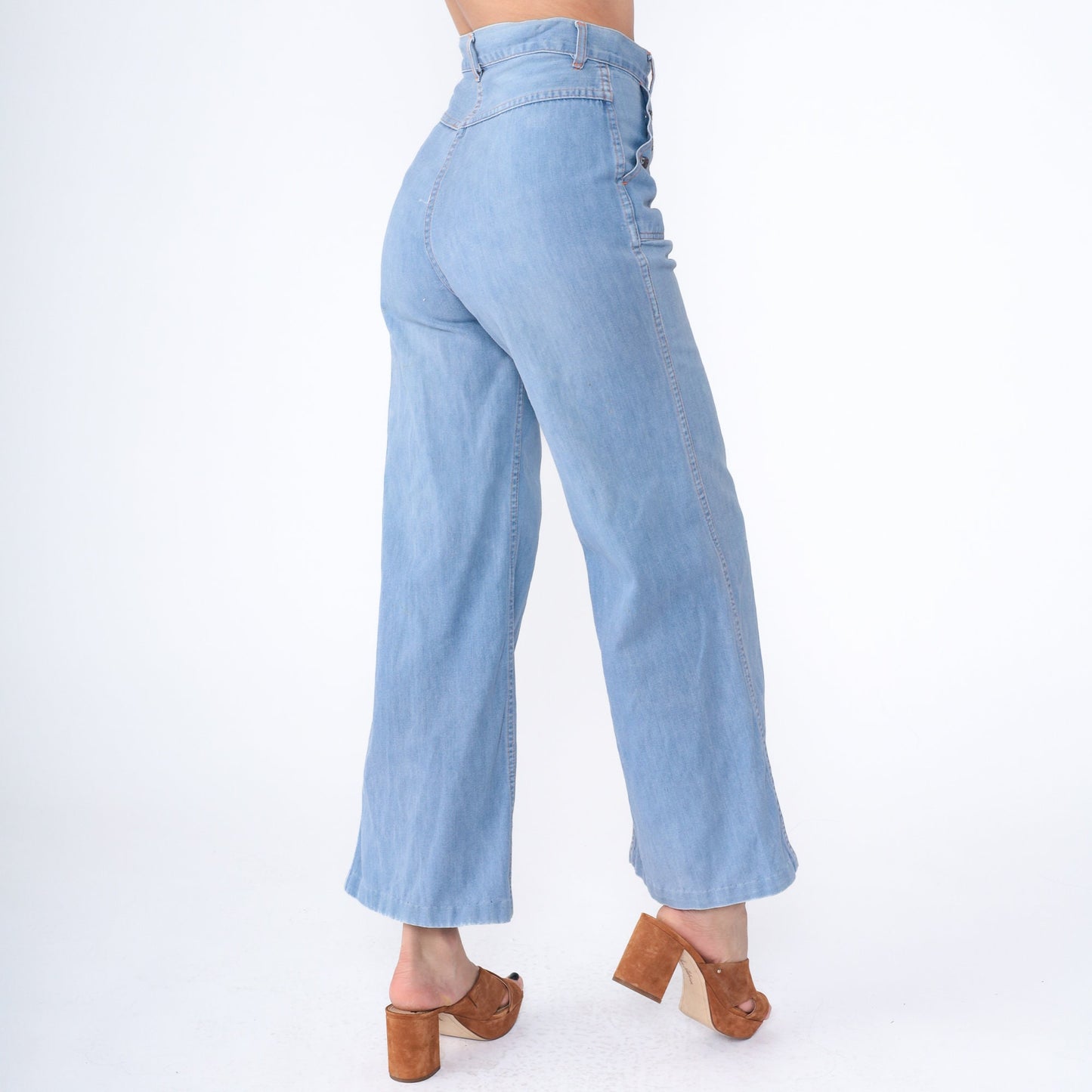 70s Blue Denim Bell Bottom Jeans High Waist Wide Leg Flare Medium 8