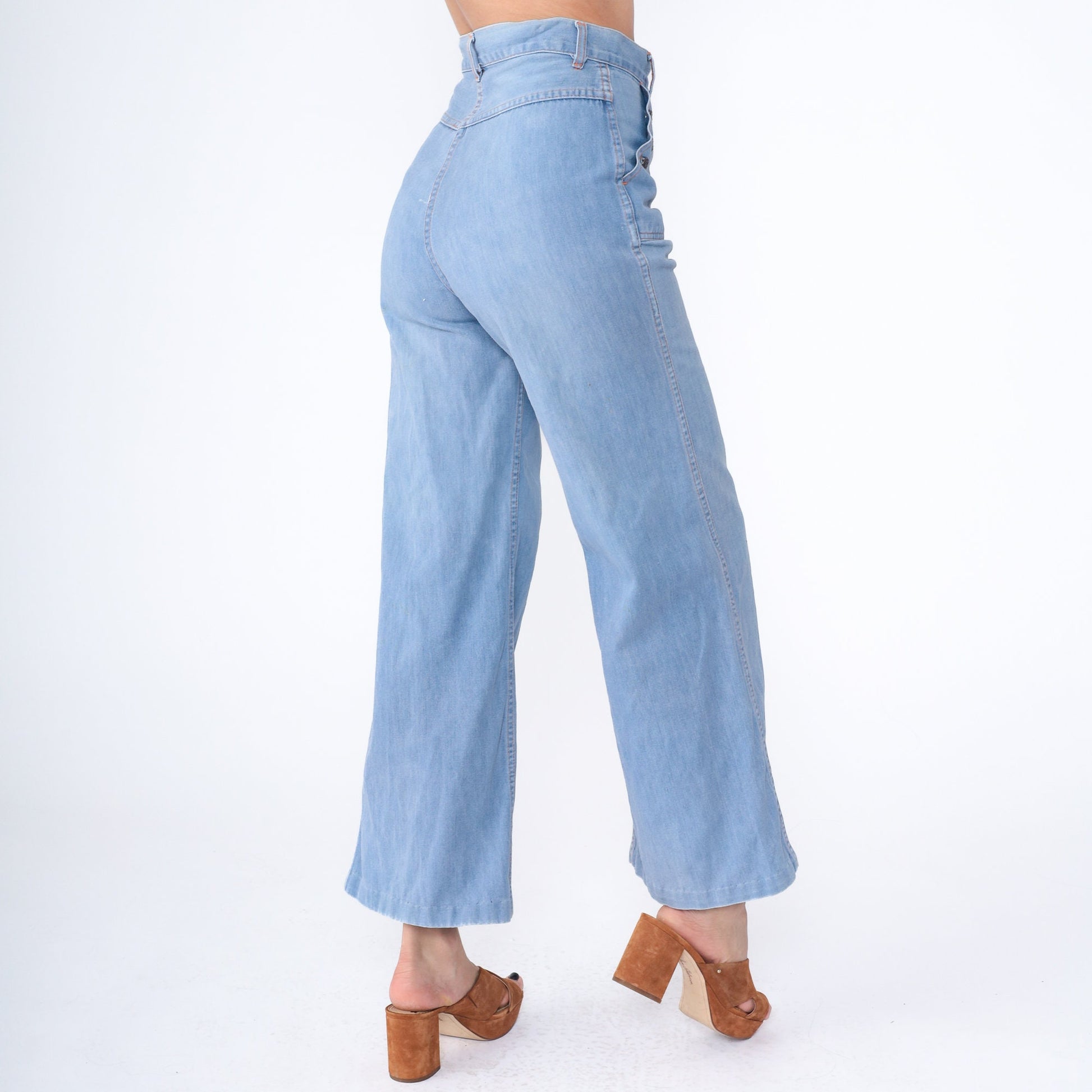 70s Blue Denim Bell Bottom Jeans High Waist Wide Leg Flare Medium 8