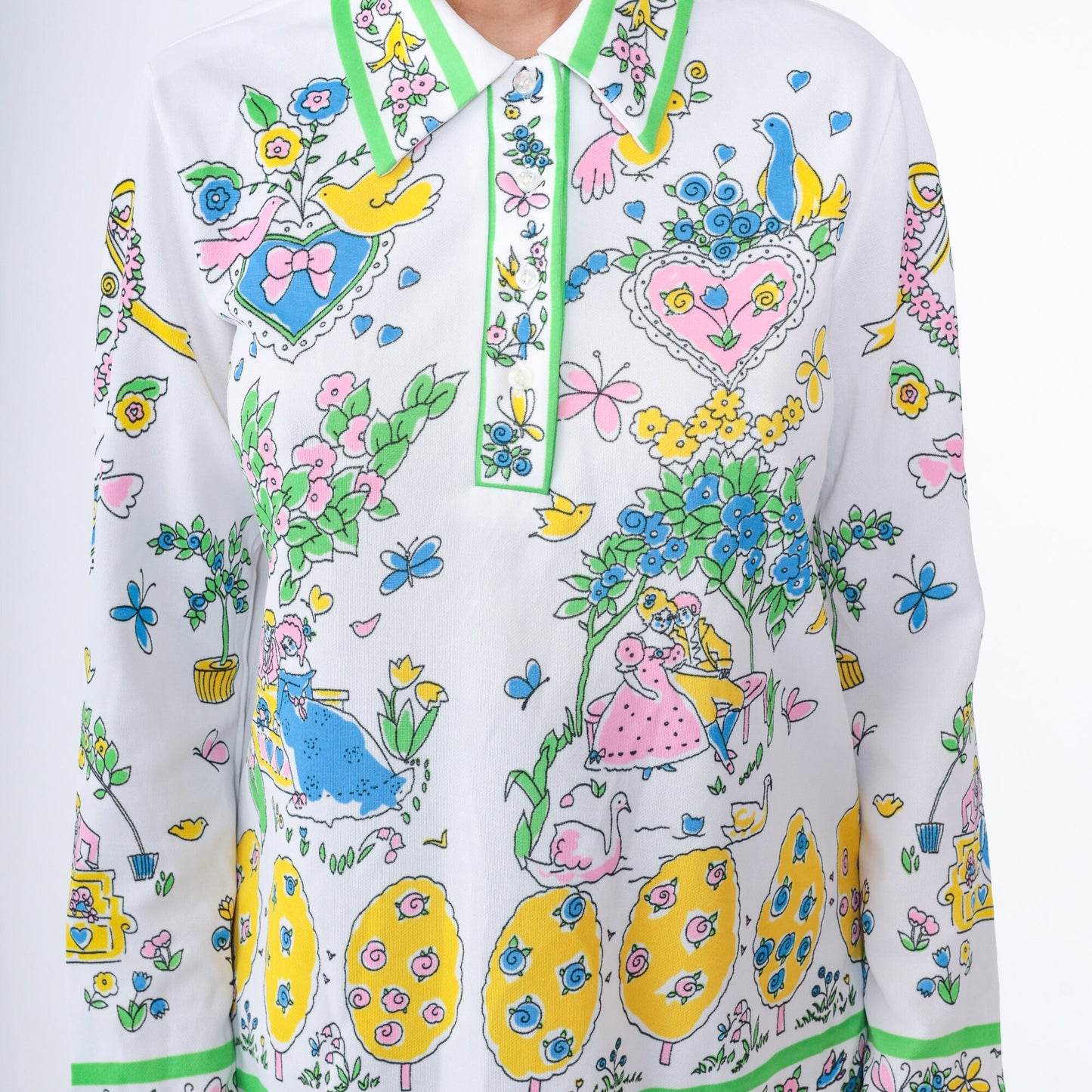 70s Romantic Print Button Up Blouse White Long Sleeve Couples Hearts Birds Medium Large