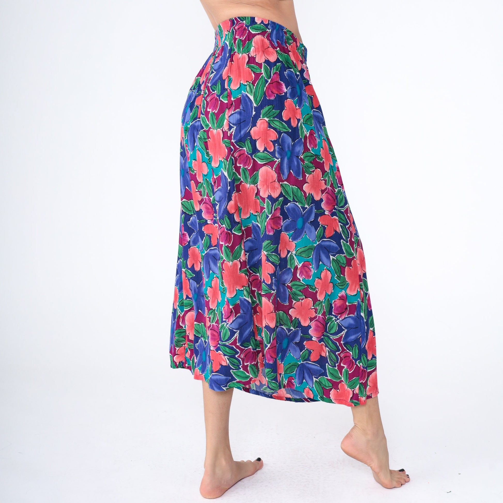 80s The Villager Floral Maxi Skirt Rayon High Waist Ankle Length Blue Medium