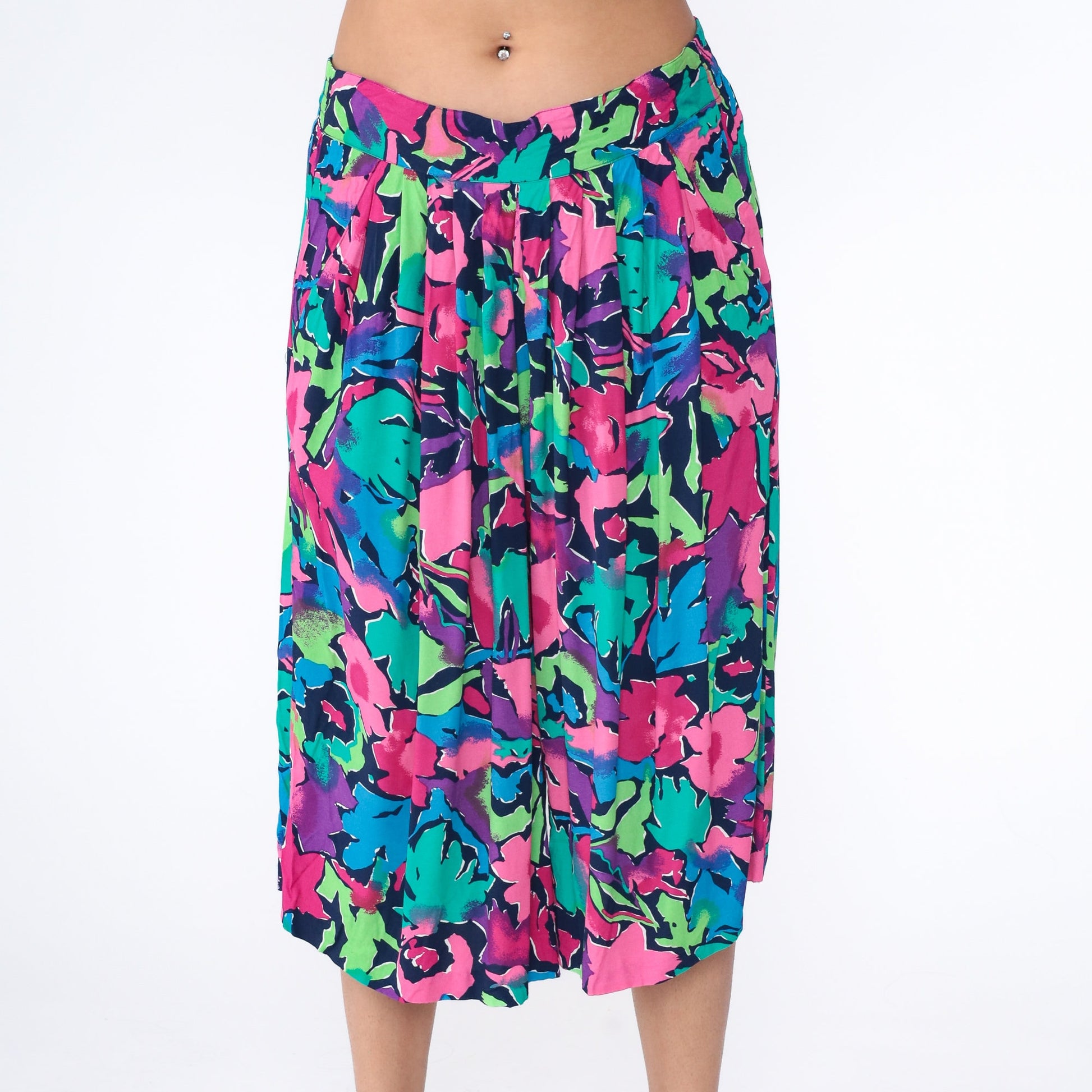 90s Floral Capri Pants High Waist Pleated Wide Leg Abstract Print Purple Pink Medium