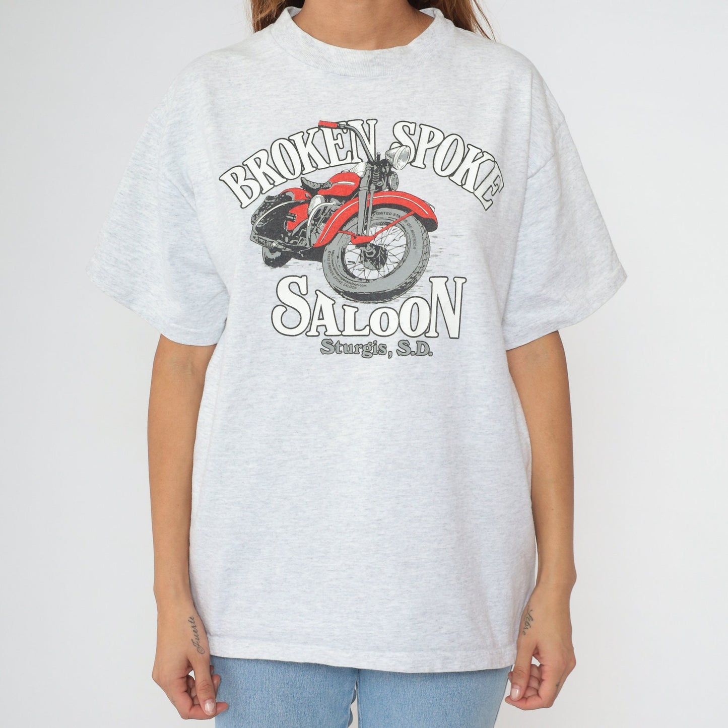90s Sturgis Motorcycle Rally Broken Spoke Saloon Graphic Tee Grey Cotton Large