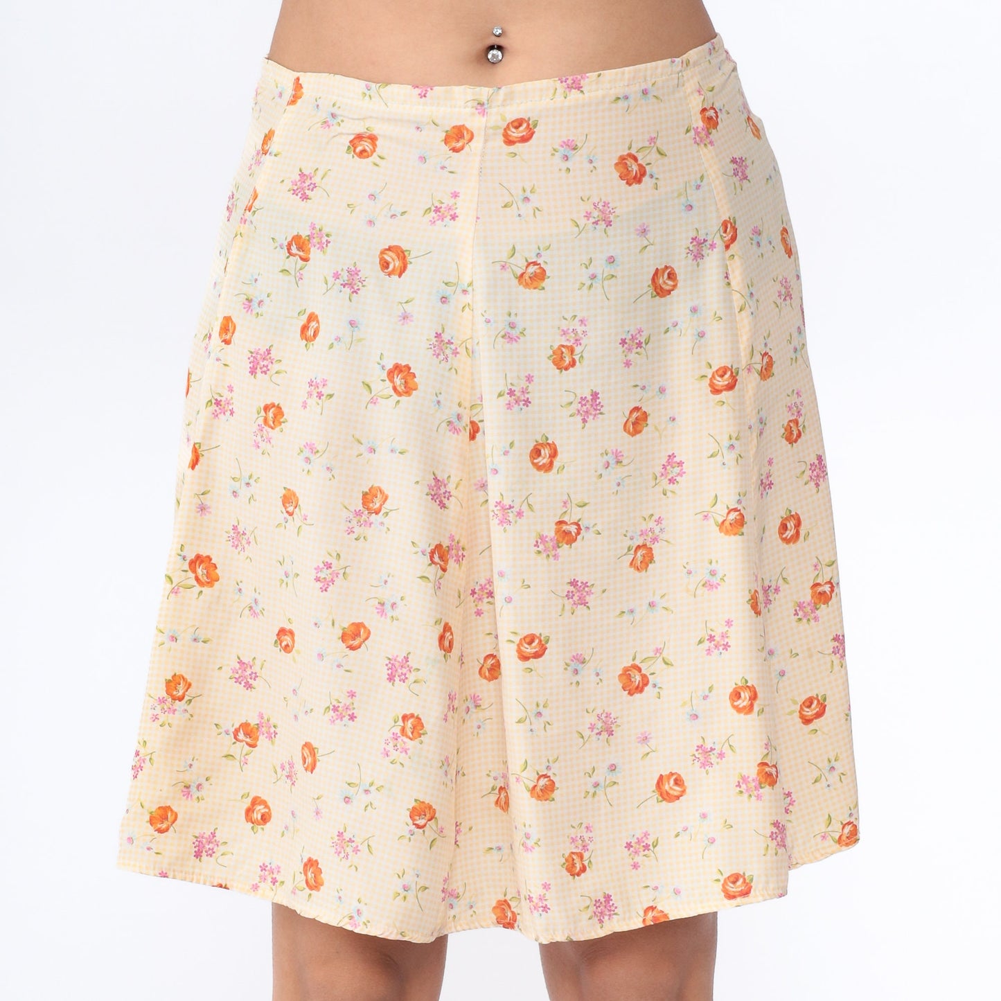 70s Yellow Gingham Floral Mini Skirt High Waist Zipper Medium