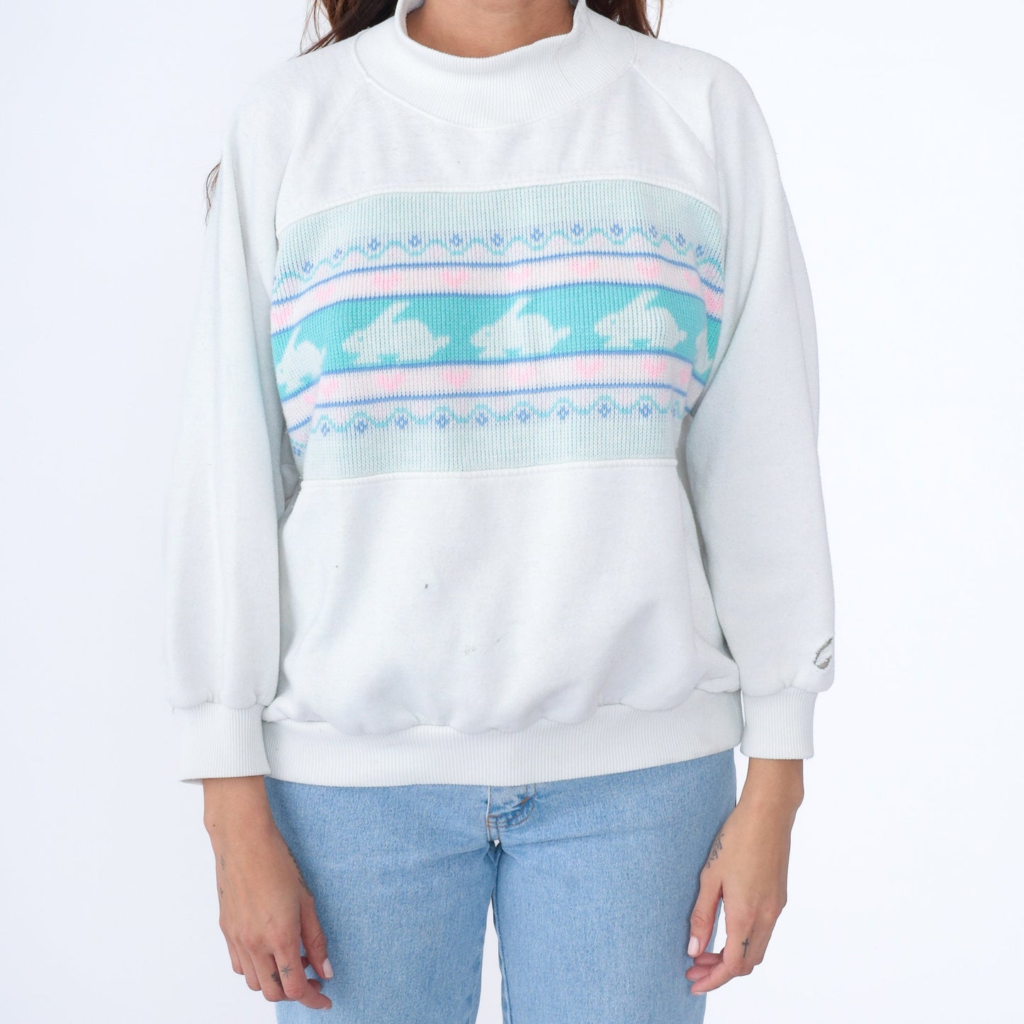 90s Bunny Rabbit Heart Sweatshirt Mock Neck White Pink Plus Size XXL