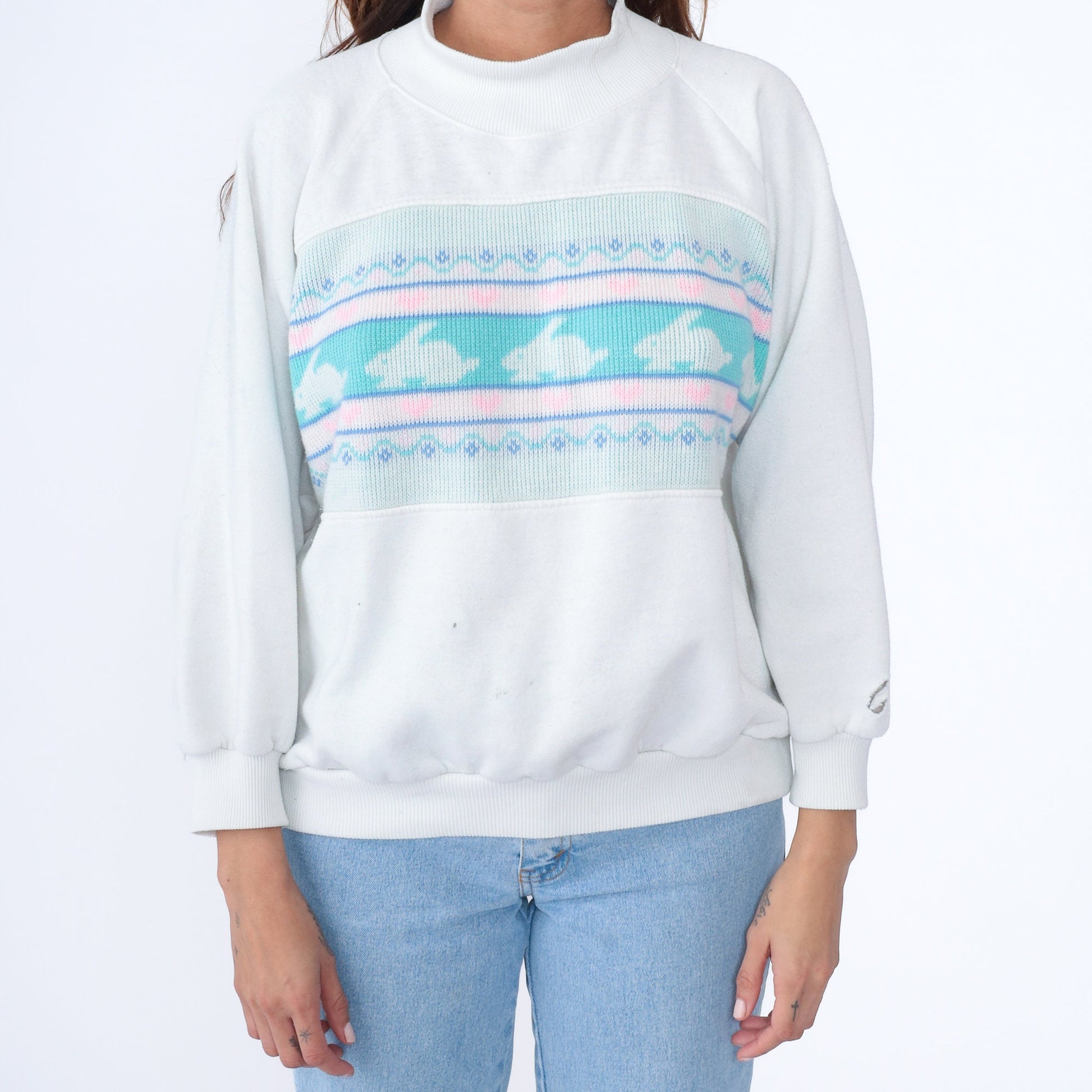 90s Bunny Rabbit Heart Sweatshirt Mock Neck White Pink Plus Size XXL