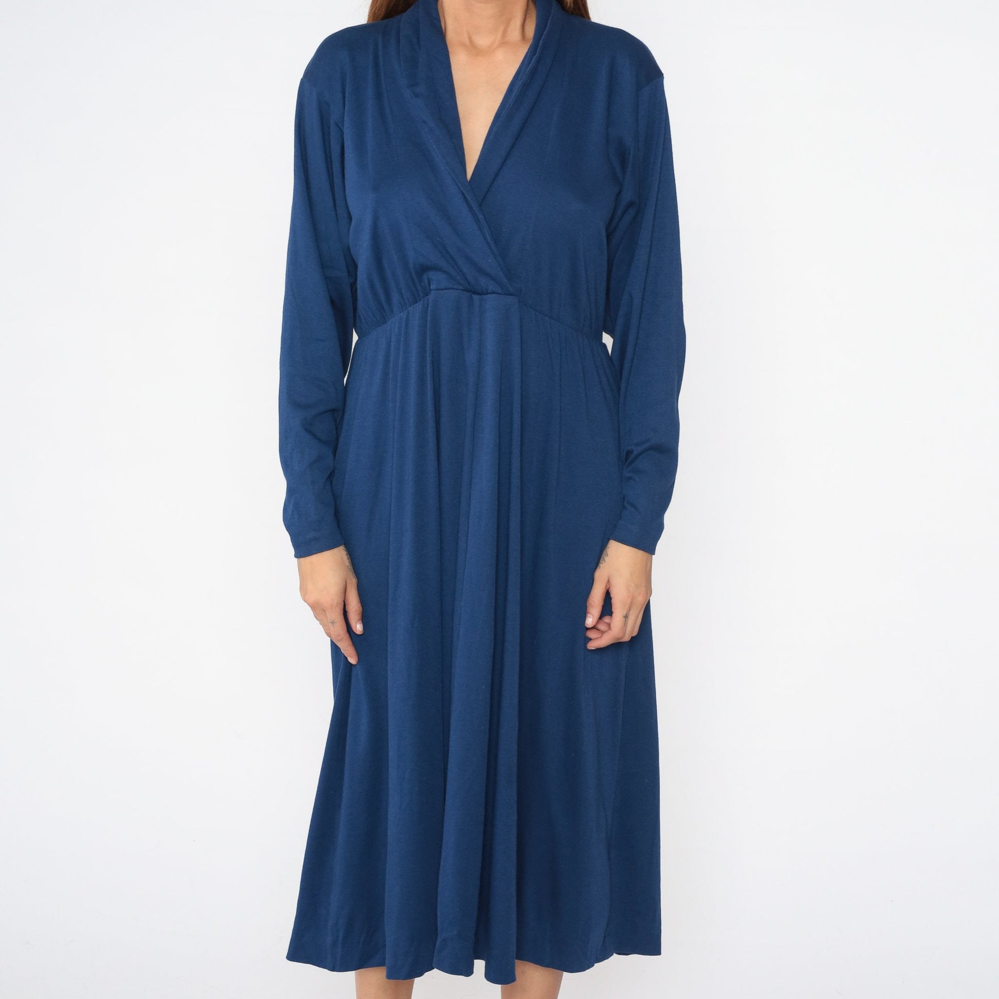 70s Dark Blue Wrap Midi Dress High Waist Surplice Long Sleeve Large 12
