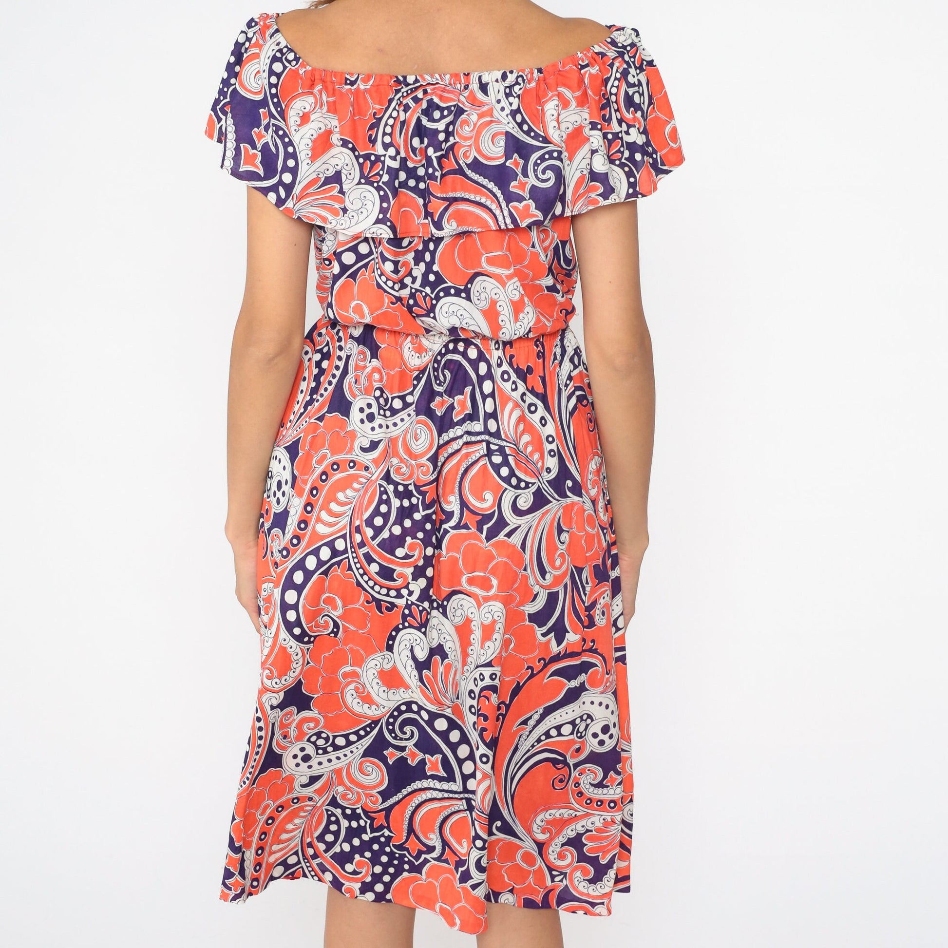 70s Psychedelic Paisley Midi Dress Off-Shoulder High Waist Purple Orange Small