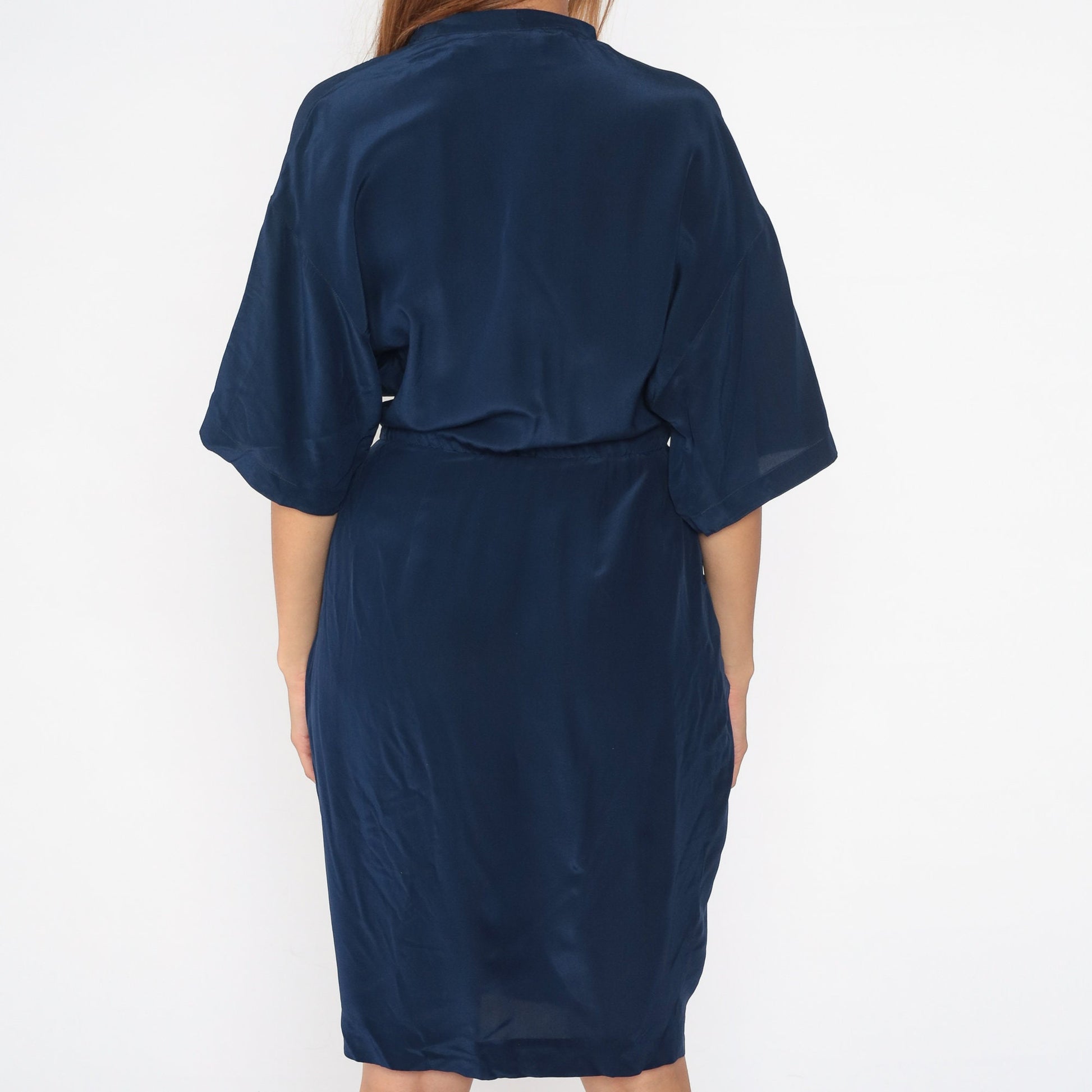 90s Navy Silk Wrap Dress Midi V-Neck High Waist Half Sleeve Small